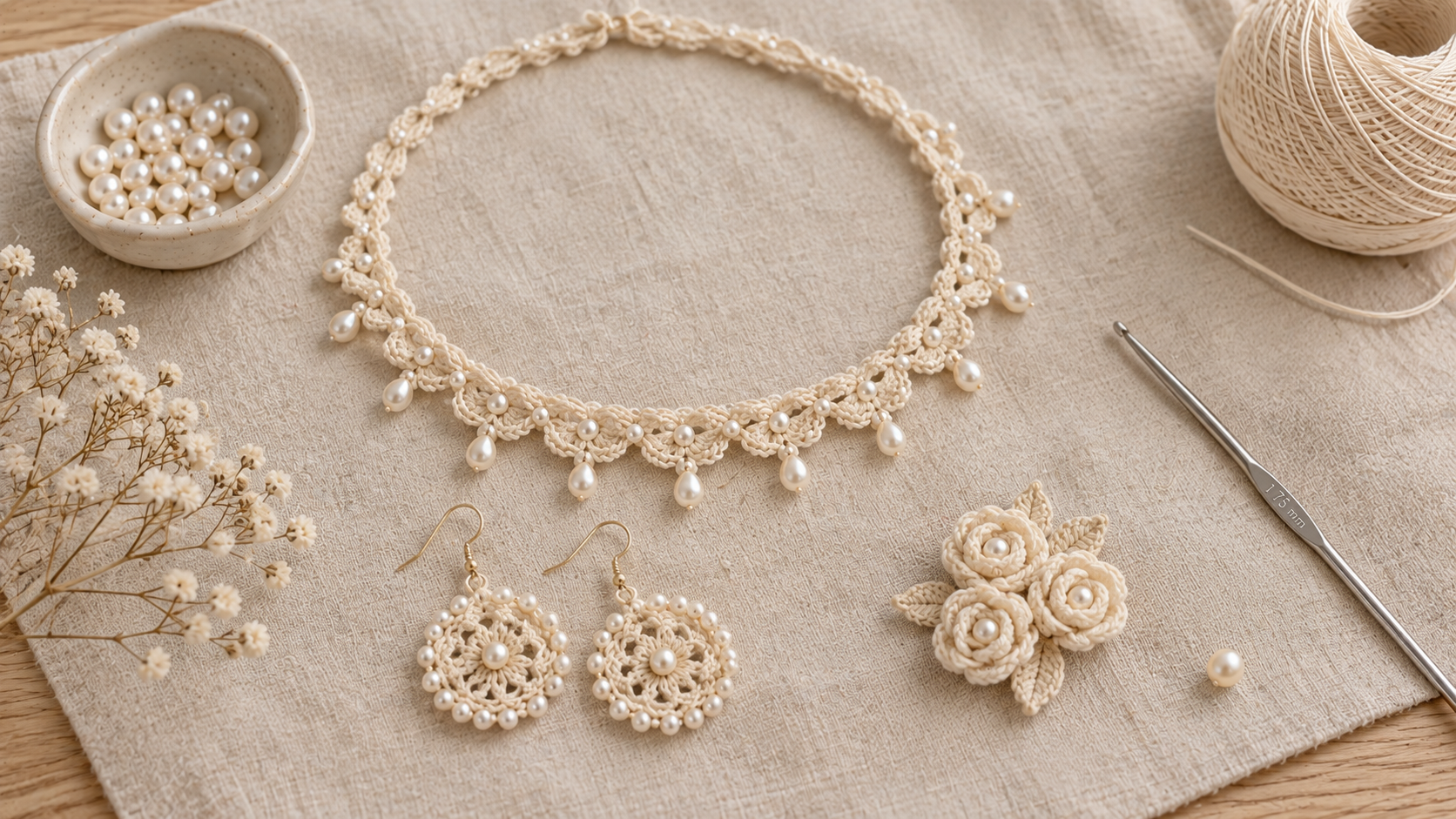 Cream lace choker with pearl drops, matching round filigree earrings, and a small cluster of three crochet roses on cream linen