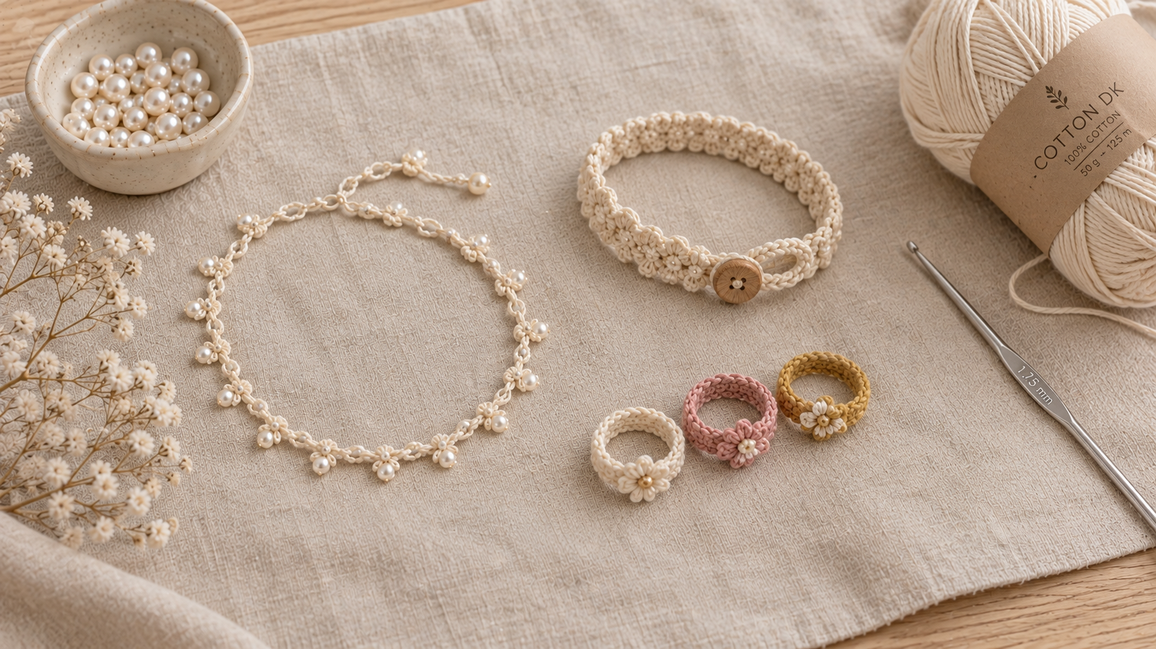 A cream floral chain anklet, a wristlet bracelet with a wooden button, and three stackable rings in cream, blush and mustard on cream linen