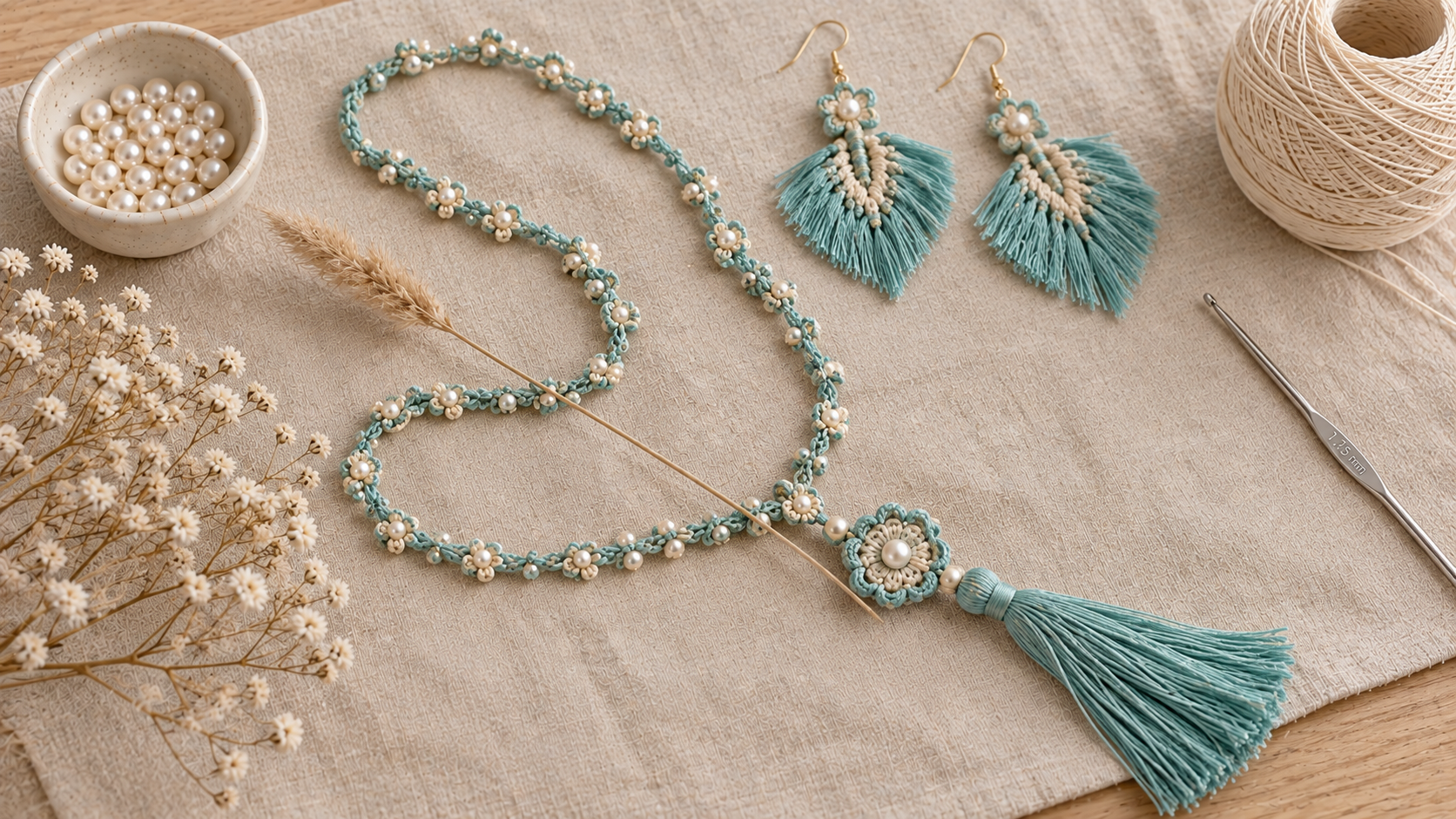 A long turquoise crochet tassel necklace laid in an S-curve on cream linen with matching fringe earrings and a sprig of dried grass