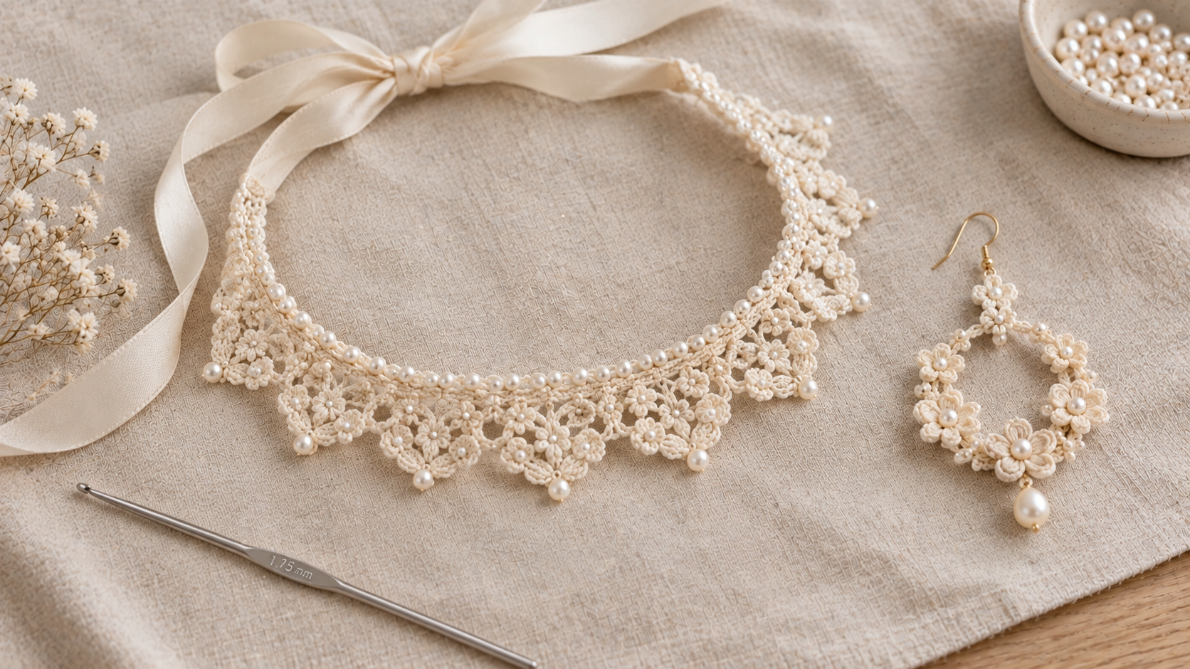 Ivory bridal lace choker with pearl accents and satin ribbon ties, next to a matching flower drop earring on cream linen