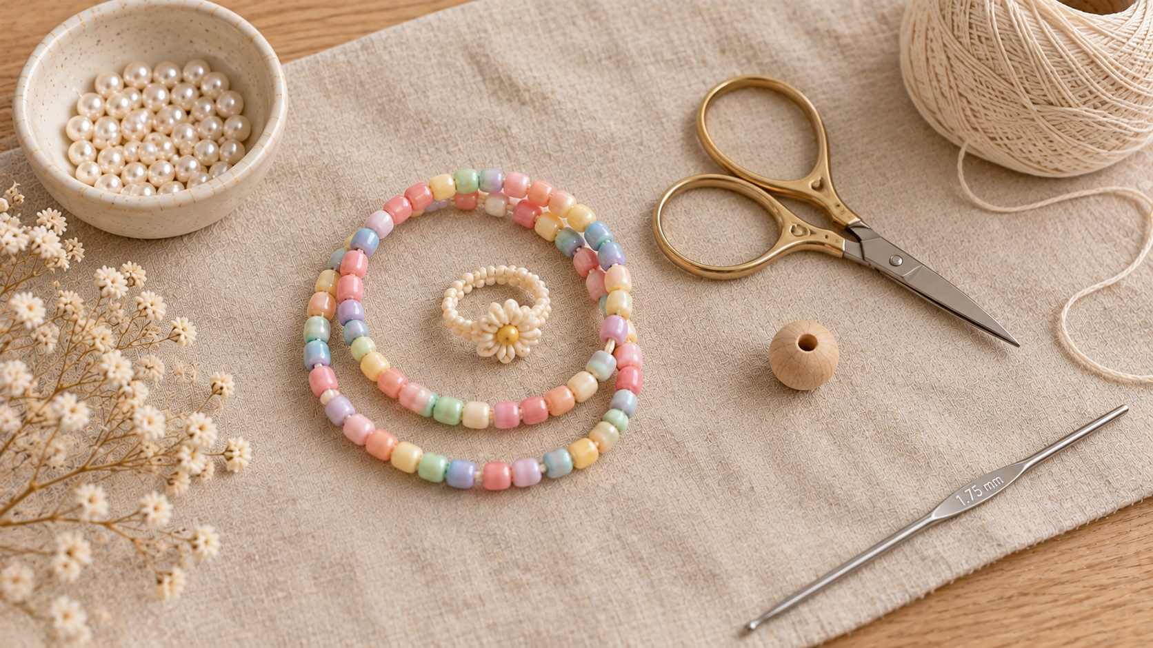Rainbow pastel pony-bead bracelet coiled with a cream daisy ring resting in the center, small gold scissors alongside on cream linen