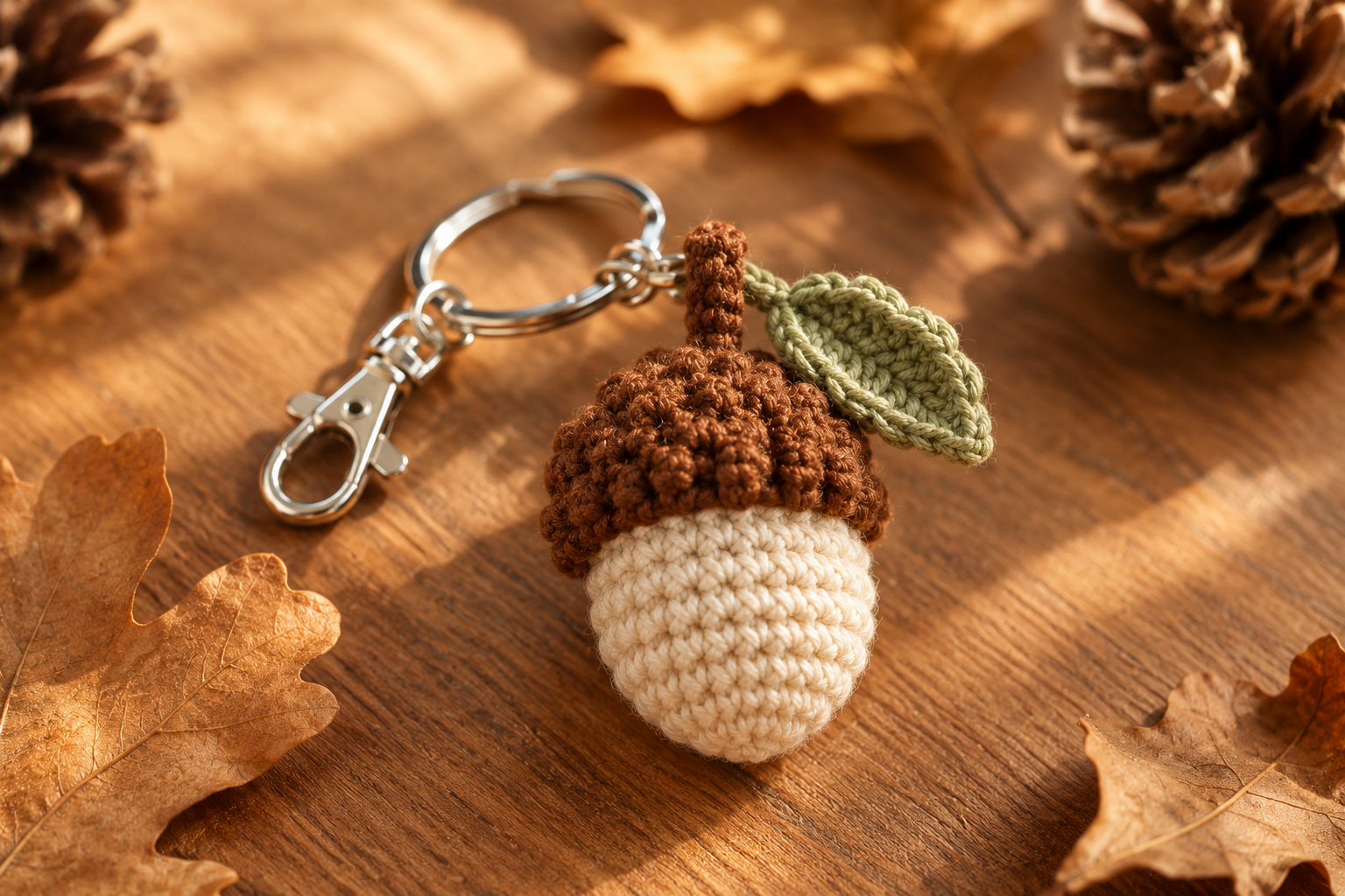 Close-up of a finished mini crochet acorn keychain on a wooden surface — cream body, textured chestnut cap, tiny brown stem and a small green leaf, silver split-ring visible in soft afternoon light