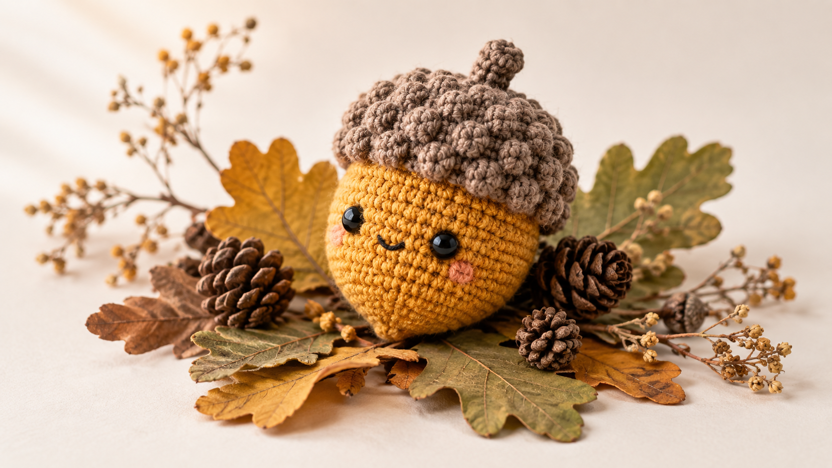 Handmade kawaii crochet amigurumi acorn with mustard yellow body, textured taupe bobble cap and cute black safety-eye smiley face, sitting on real oak leaves and mini pinecones with dried autumn branches