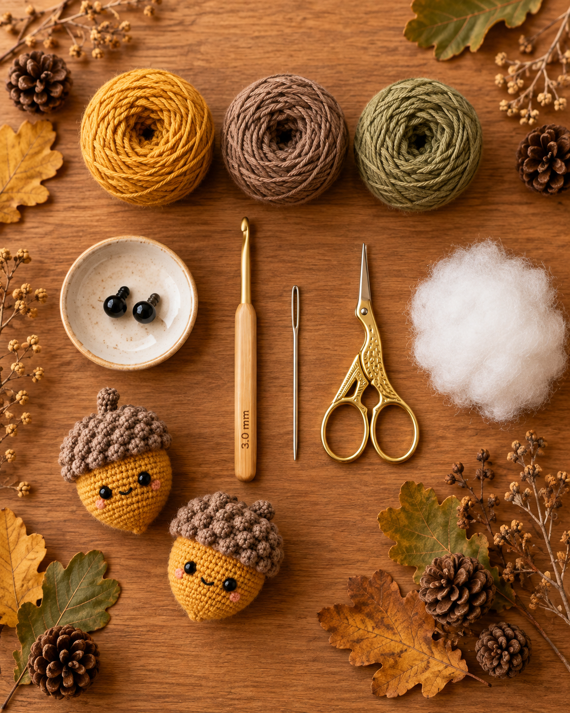 Overhead flat lay of small mustard yellow, taupe brown and sage green cotton yarn cakes with a 3mm bamboo crochet hook, black safety eyes on a small ceramic dish, tapestry needle, gold scissors and polyester fiberfill on warm oak wood surrounded by autumn leaves and pinecones