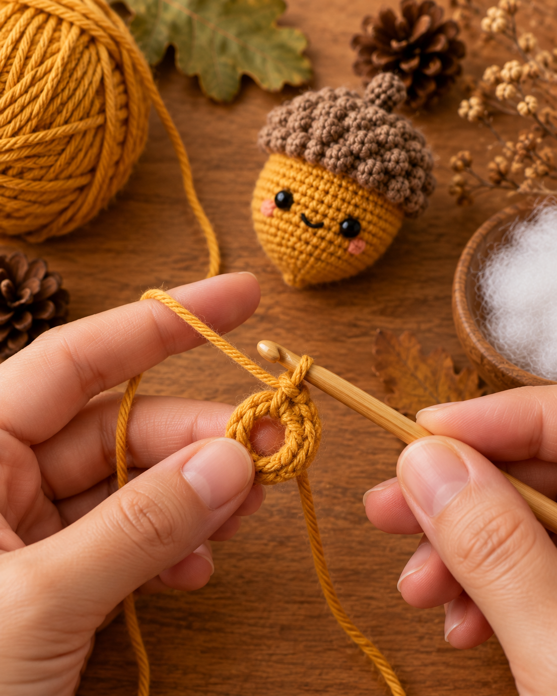 Close-up of hands making a magic ring in mustard yellow yarn with a 3mm bamboo hook, first single crochet stitches forming, with a completed amigurumi acorn visible in the background on warm wood