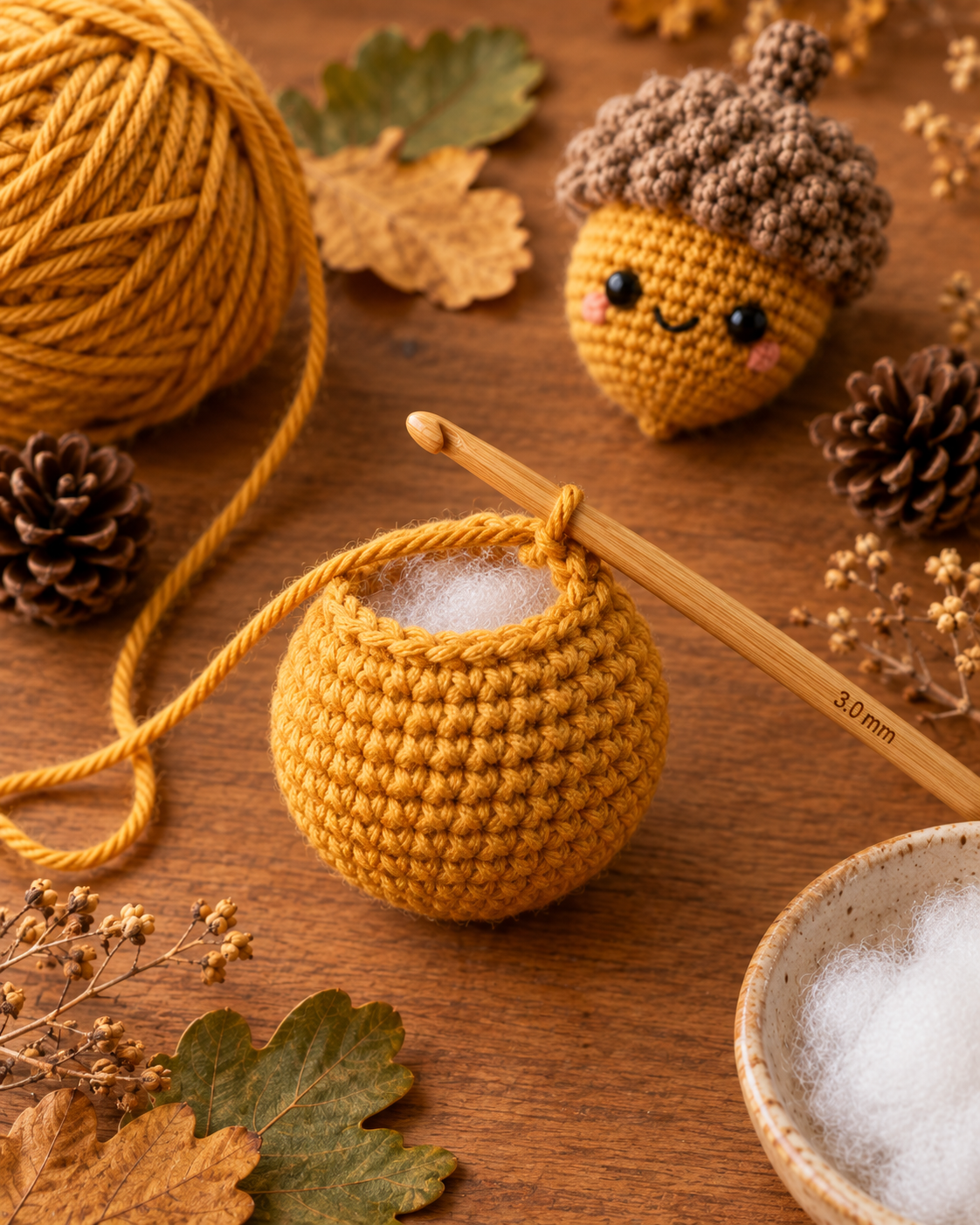 Partially crocheted mustard yellow amigurumi acorn body still open at the top with fiberfill peeking out, bamboo hook resting beside it, small ceramic bowl of stuffing and finished acorn visible in the background
