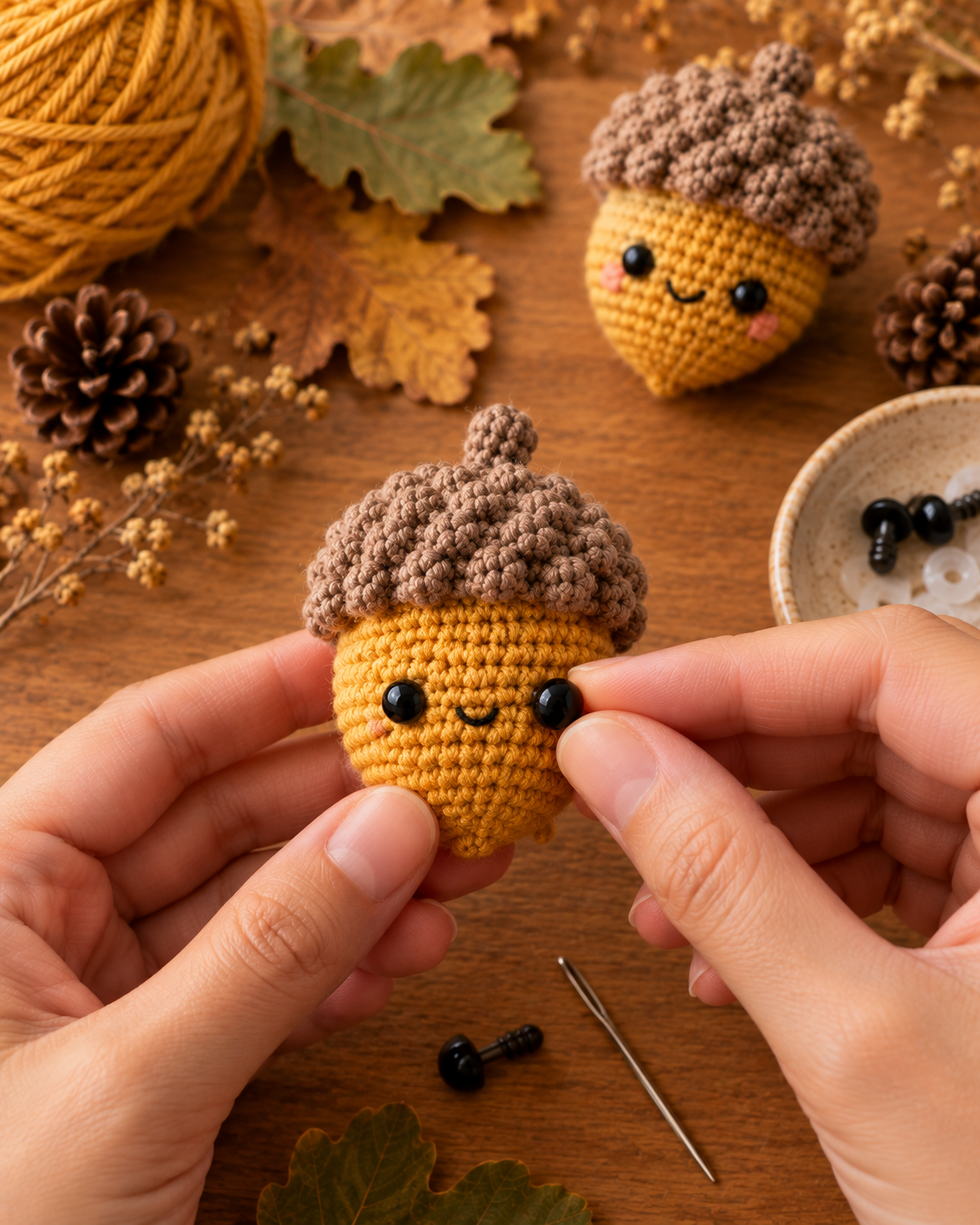 Hands positioning two tiny black safety eyes on the front of the mustard acorn body giving it a cute kawaii face, with a second finished acorn and a dish of extra safety eyes visible in the background