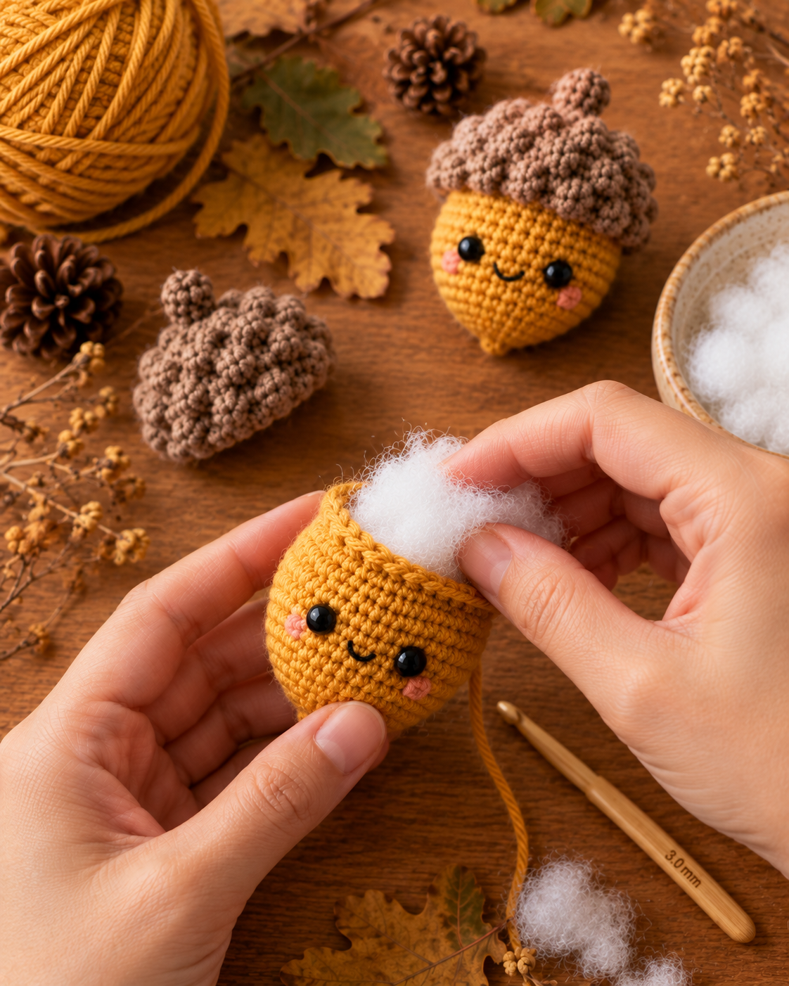 Hands gently pushing white polyester fiberfill into the golden mustard acorn body through the top opening, with a finished acorn and a taupe brown crochet cap visible in the background