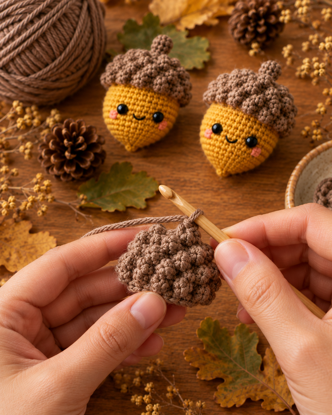 Close-up of hands working textured bobble stitches in warm taupe brown yarn forming the acorn cap dome with chunky bumpy texture clearly visible, two finished amigurumi acorns visible in the background