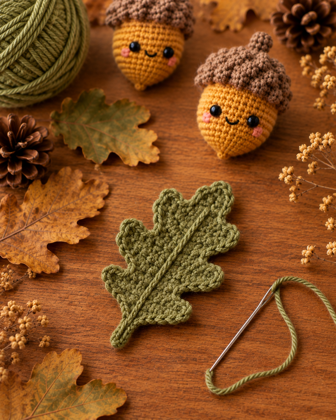 Finished small sage green crochet oak leaf lying flat on warm wood showing the classic lobed shape and center vein, tapestry needle threaded with green yarn beside it, two finished acorns visible in the background