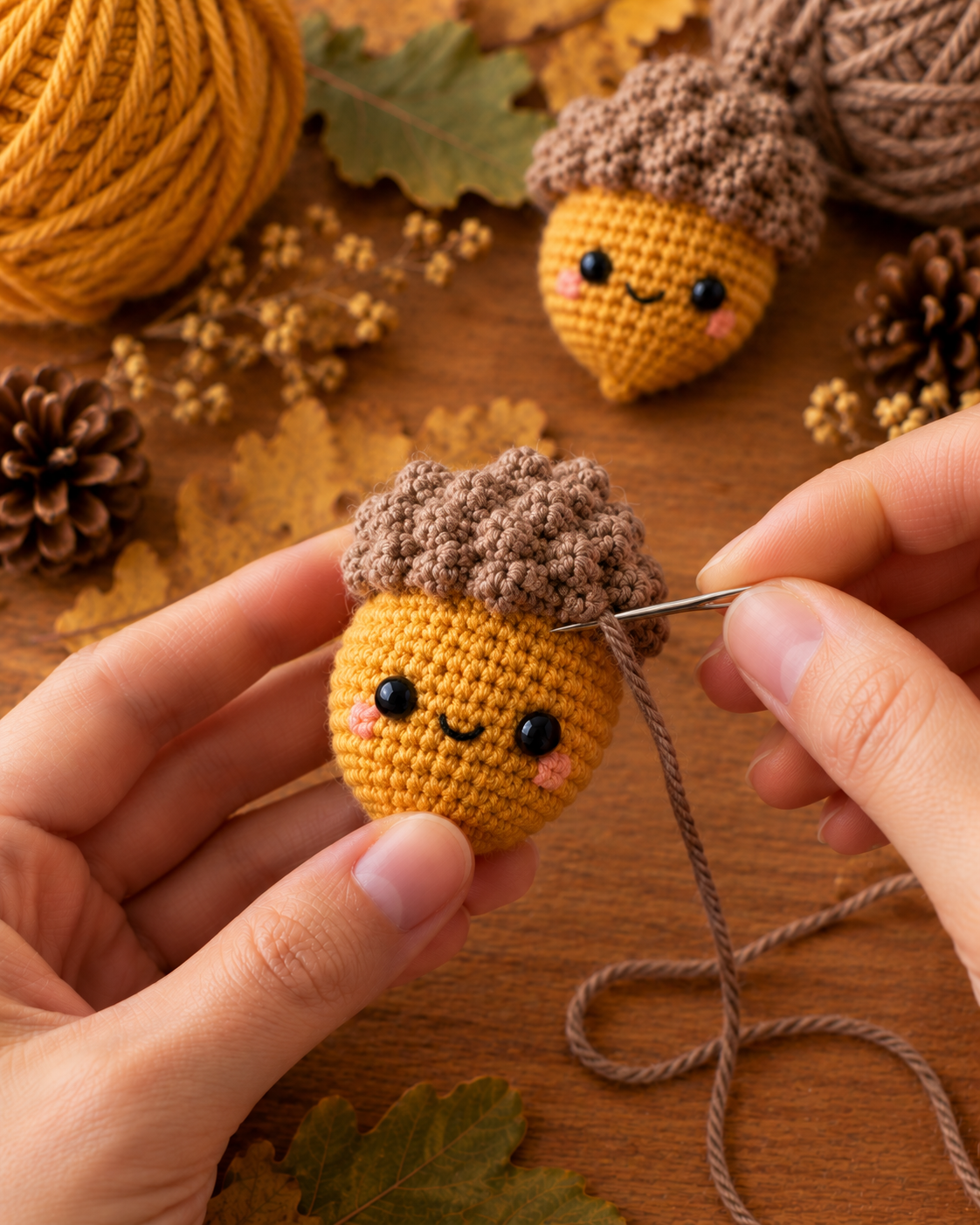 Hands stitching the taupe brown bobble cap onto the top of the mustard amigurumi acorn body using a tapestry needle and matching brown yarn, with safety eyes already in place giving the acorn its face, second finished acorn visible in the background
