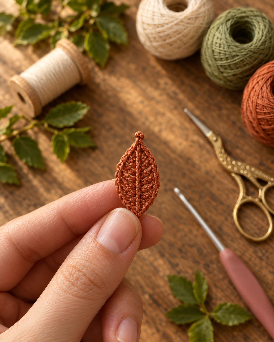 Close-up macro of one finished terracotta autumn leaf pinched between finger and thumb showing the picot tip, oval shape, symmetrical stitch pattern, and slip-stitch spine running through the middle