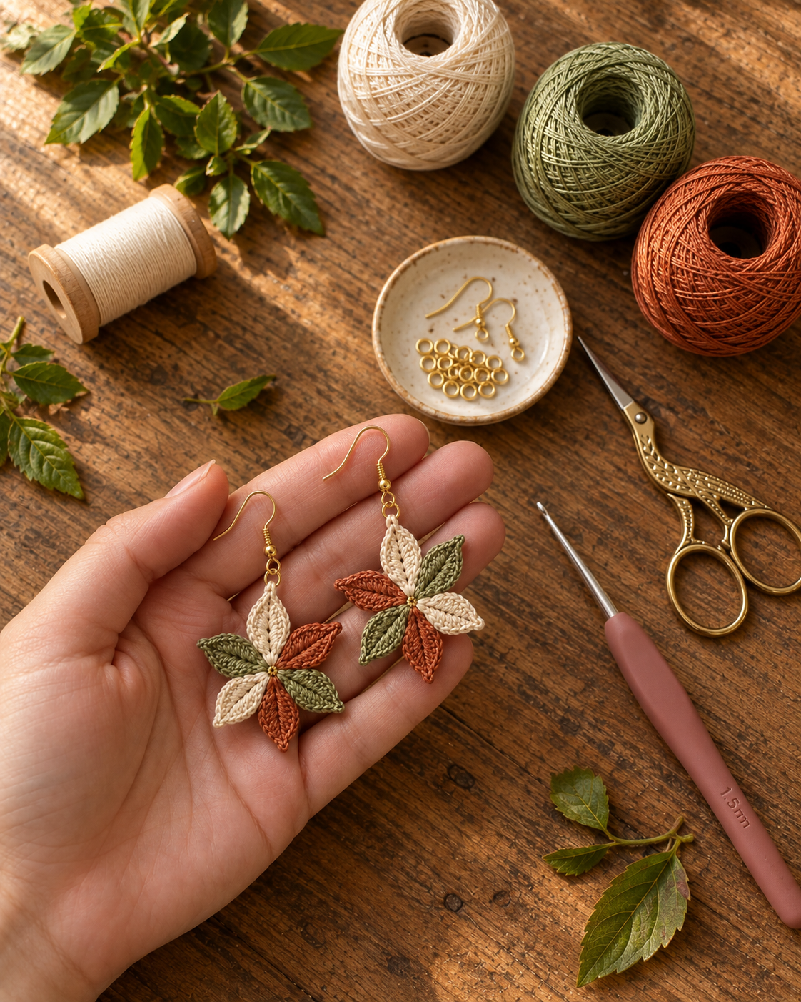 Flat-lay of the crochet supplies — three balls of DMC Cebelia size 10 thread in cream, sage green, and terracotta, a 1.5 mm steel hook with dusty rose grip, small stork embroidery scissors in antique brass, one pair of gold fish-hook ear wires and 20 gold jump rings in a small ceramic dish, arranged on a rustic wooden bench next to green leaves