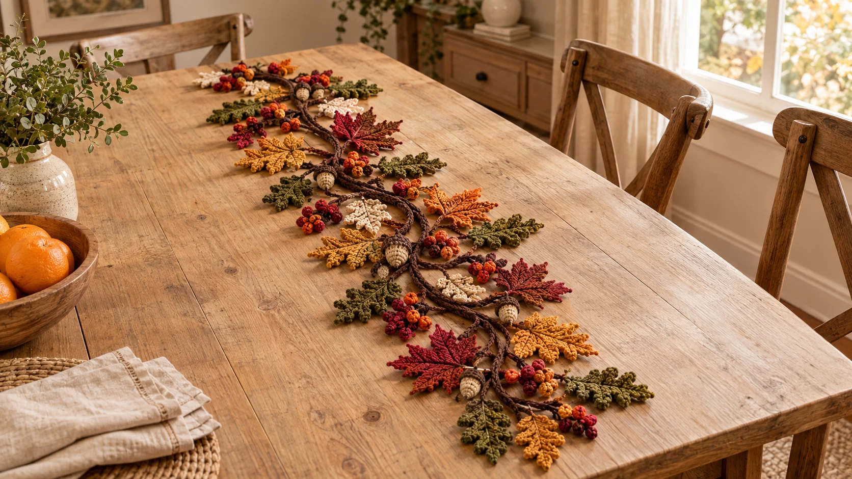 Autumn leaves crochet table runner on a rustic oak dining table: a winding brown vine with oak and maple leaves in olive, mustard, cream, pumpkin and burgundy, small acorns and clusters of red and orange berries