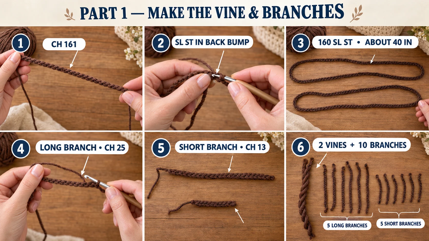 Part 1 of the autumn leaves table runner: chaining 161 in brown, slip stitching in the back bump, two 40-inch vine cords, a long branch of ch 25, a short branch of ch 13, and the two twisted vines with 5 long and 5 short branches