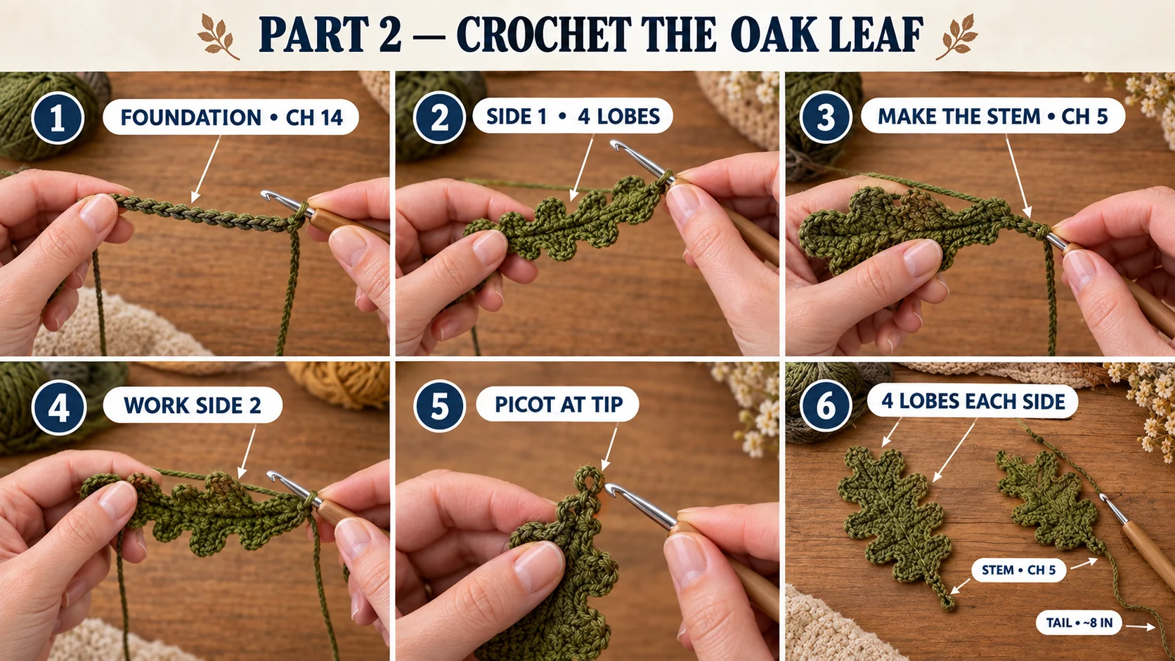 Part 2 of the autumn leaves table runner: an olive oak leaf from a 14-chain foundation, four lobes on the first side, the ch-5 stem, the second side, the picot tip and two finished oak leaves with 4 lobes each side and an 8-inch tail