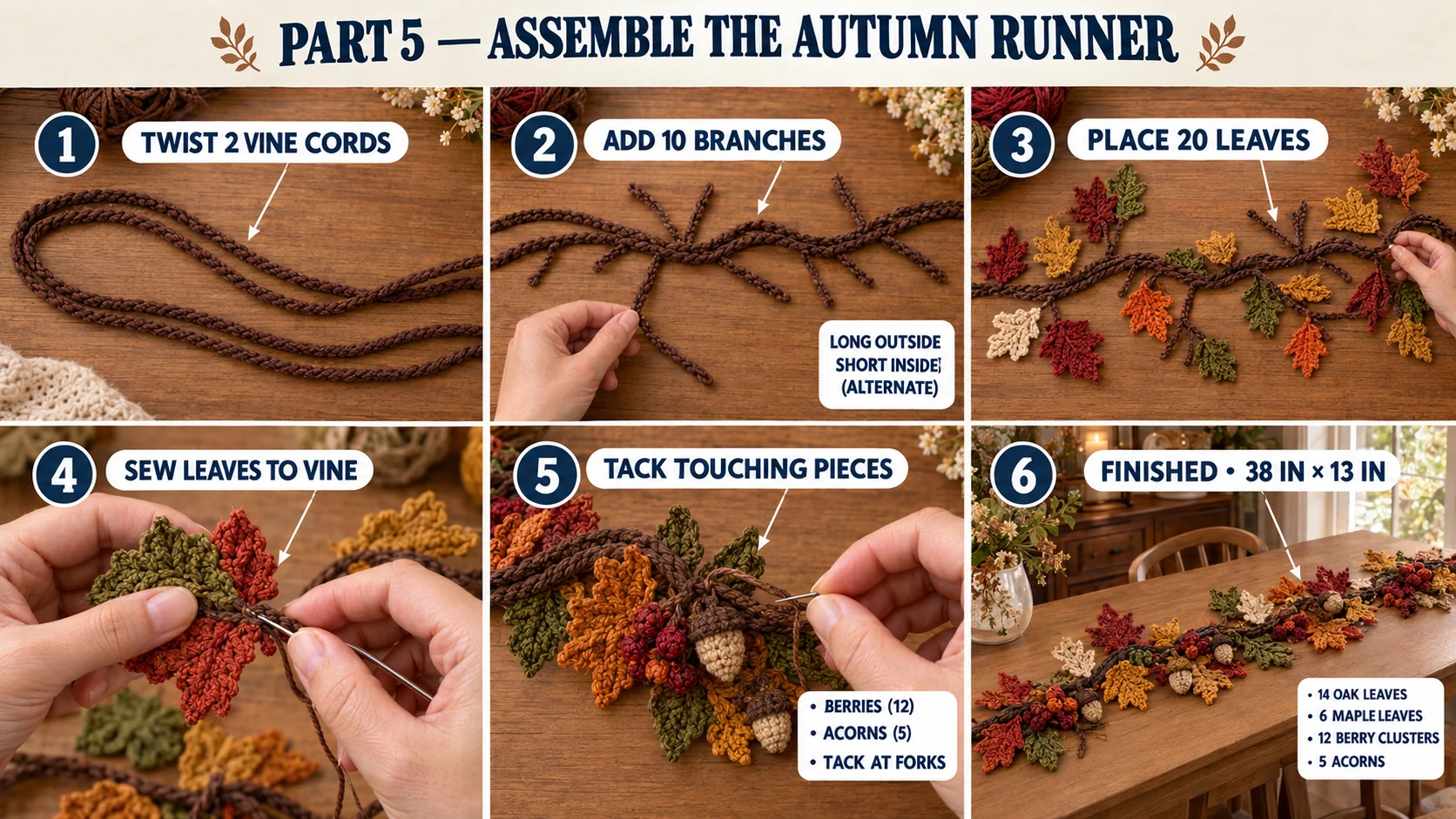 Part 5 of the autumn leaves table runner: twisting the 2 vine cords, adding 10 branches, placing 20 leaves, sewing the leaves to the vine, tacking berries and acorns at the forks, and the finished 38 by 13 inch runner on a dining table