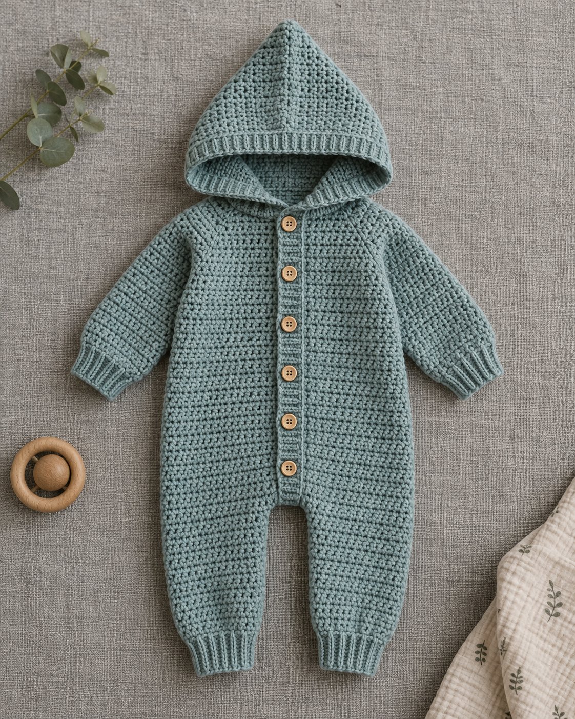 Sage blue hooded crochet baby romper with a wooden-button front placket and ribbed cuffs, laid flat on a grey woven surface