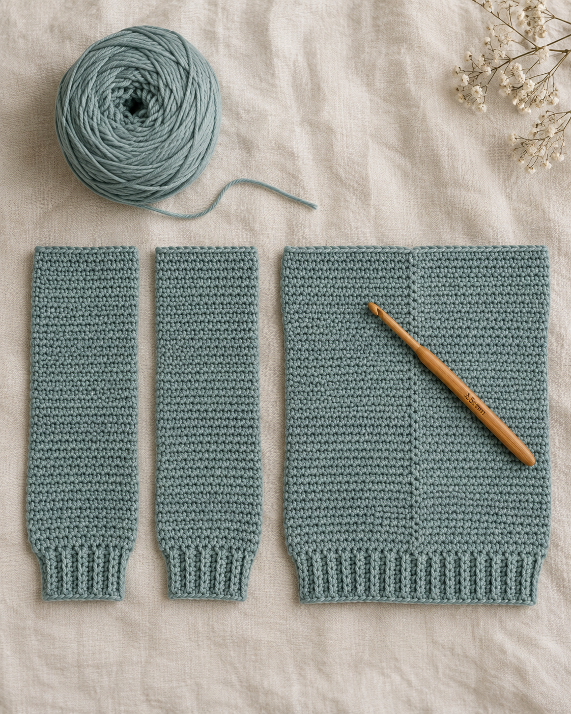Two narrow crochet leg panels with ribbed cuffs at the bottom, laid flat side by side, next to a wider panel showing where they join, on a cream linen surface