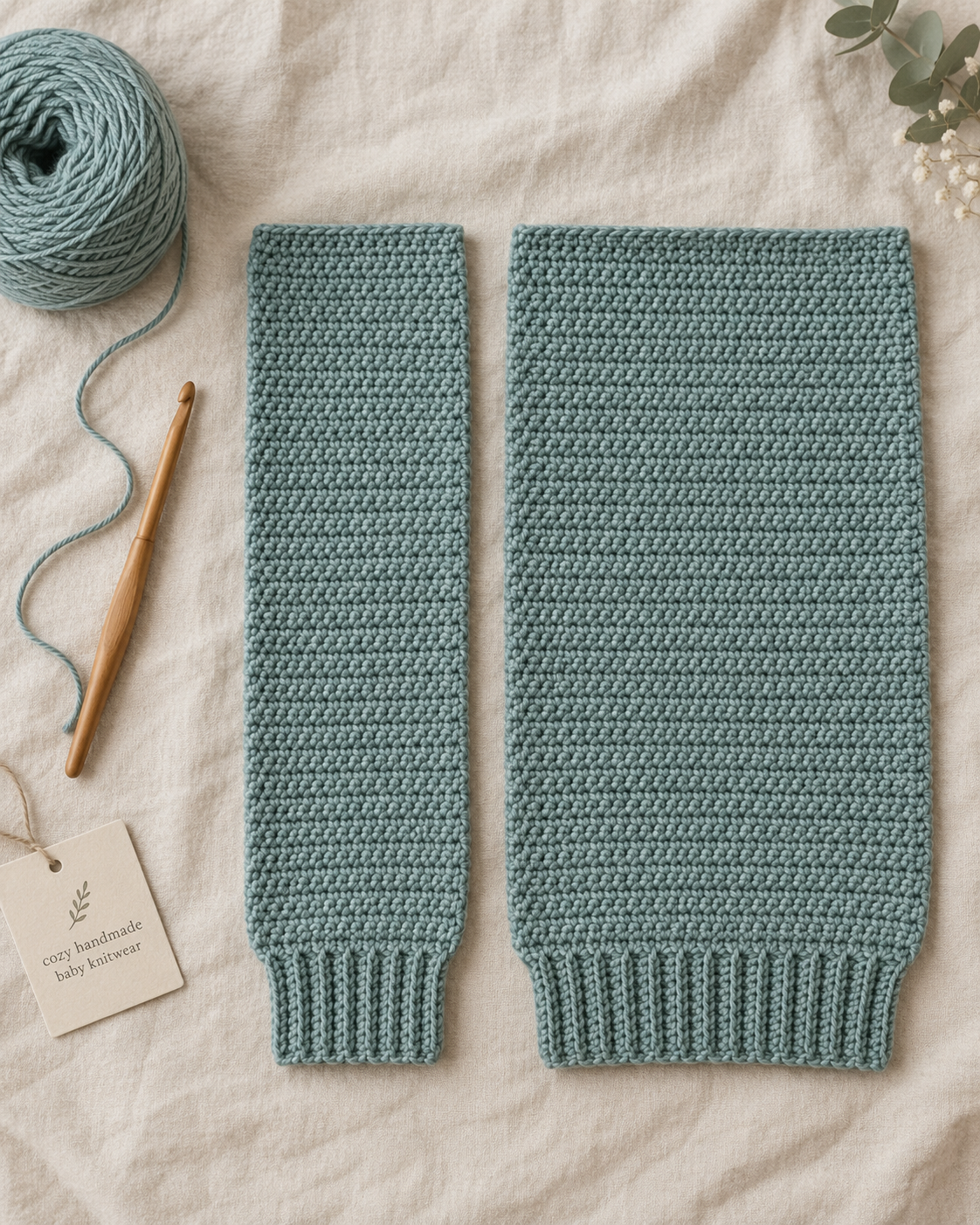 A single narrower crochet front panel with a ribbed cuff at the bottom, laid flat, next to the finished wide back panel for comparison, on a cream linen surface