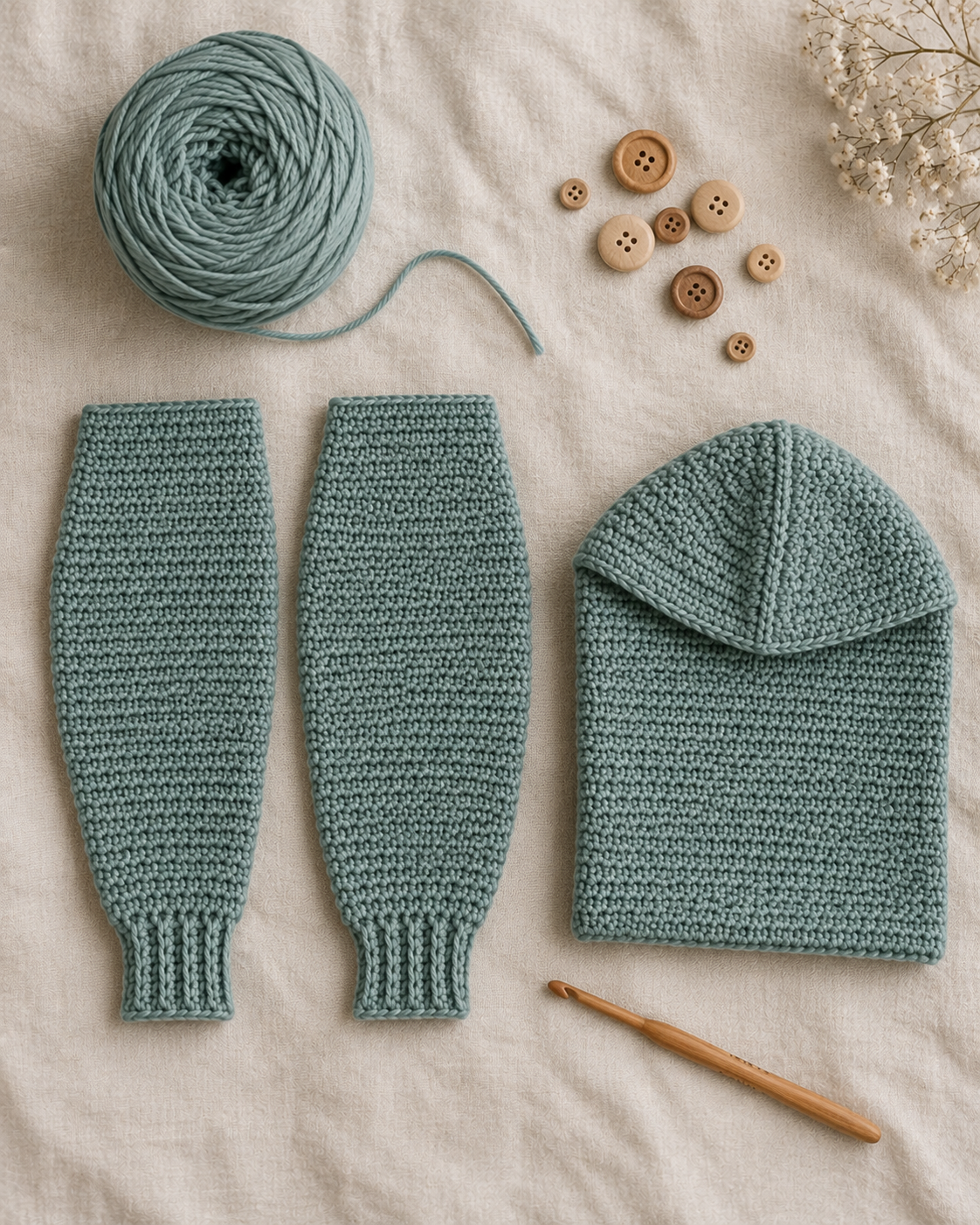 Two finished tapered crochet baby sleeves with ribbed wrist cuffs, laid flat beside a folded hood panel, on a cream linen surface