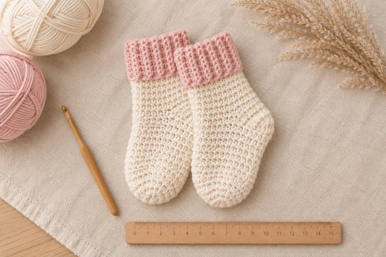Pair of cream crochet baby socks with soft blush ribbed cuffs, laid flat side by side on cream linen with a small wooden ruler and dried pampas grass sprig