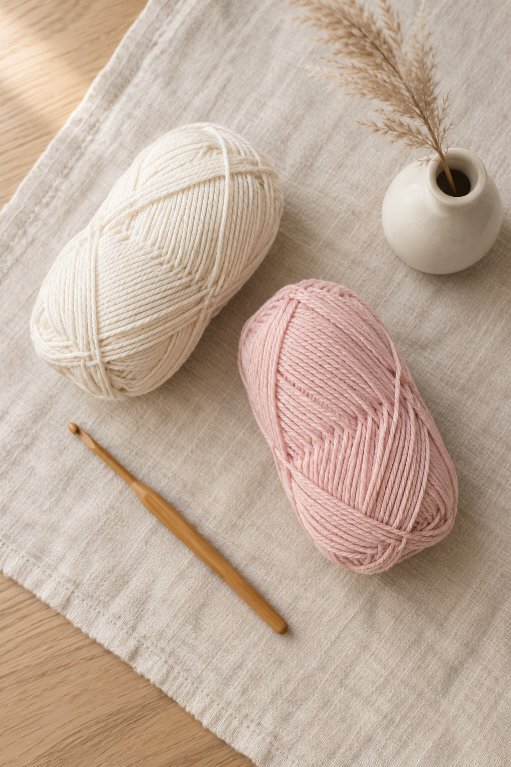 Flat-lay of cream and soft blush DK cotton yarn balls next to a 3.5 mm bamboo crochet hook and a small ivory ceramic bud vase with dried pampas grass, on cream linen