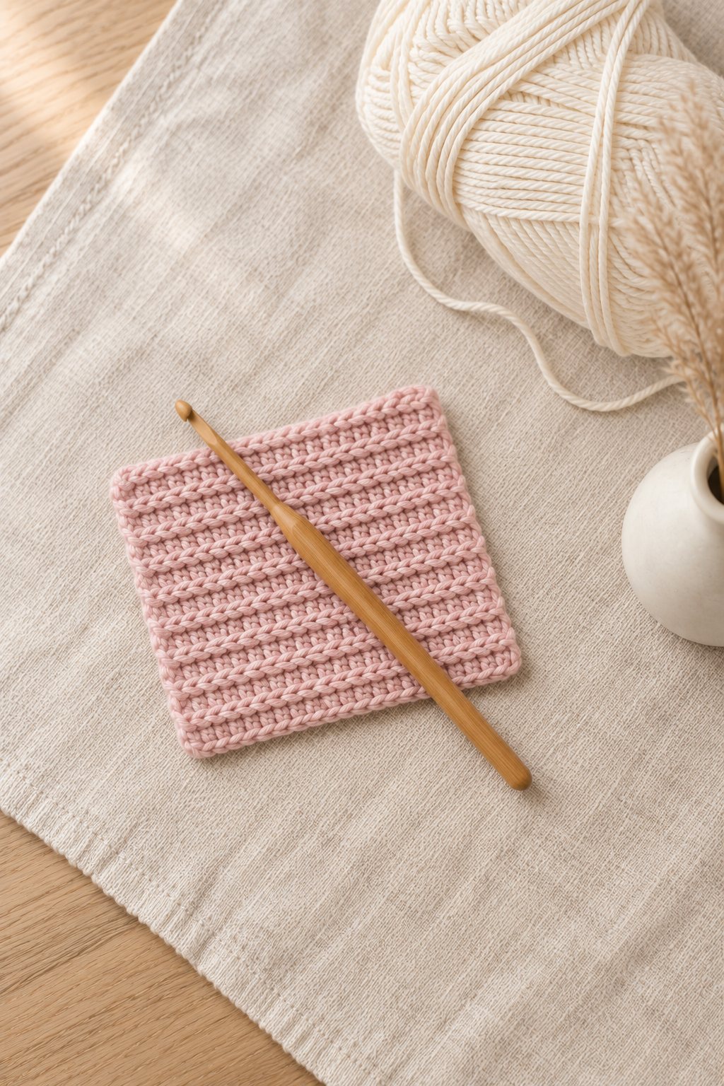 Flat-lay of one blush pink crochet ribbed rectangle before seaming, with a 3.5 mm bamboo hook resting diagonally across it, on cream linen