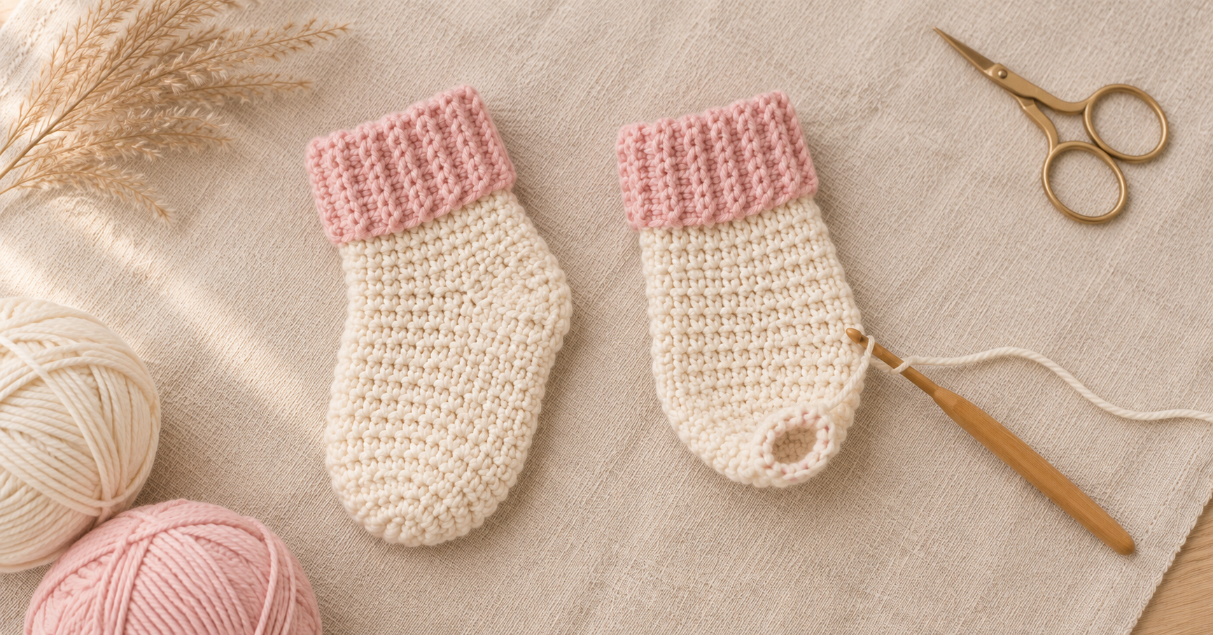 One finished cream and blush crochet baby sock next to the second sock still on the bamboo hook mid-toe decrease, showing the small closing opening at the tip, on cream linen with dried pampas grass and small gold-tone scissors