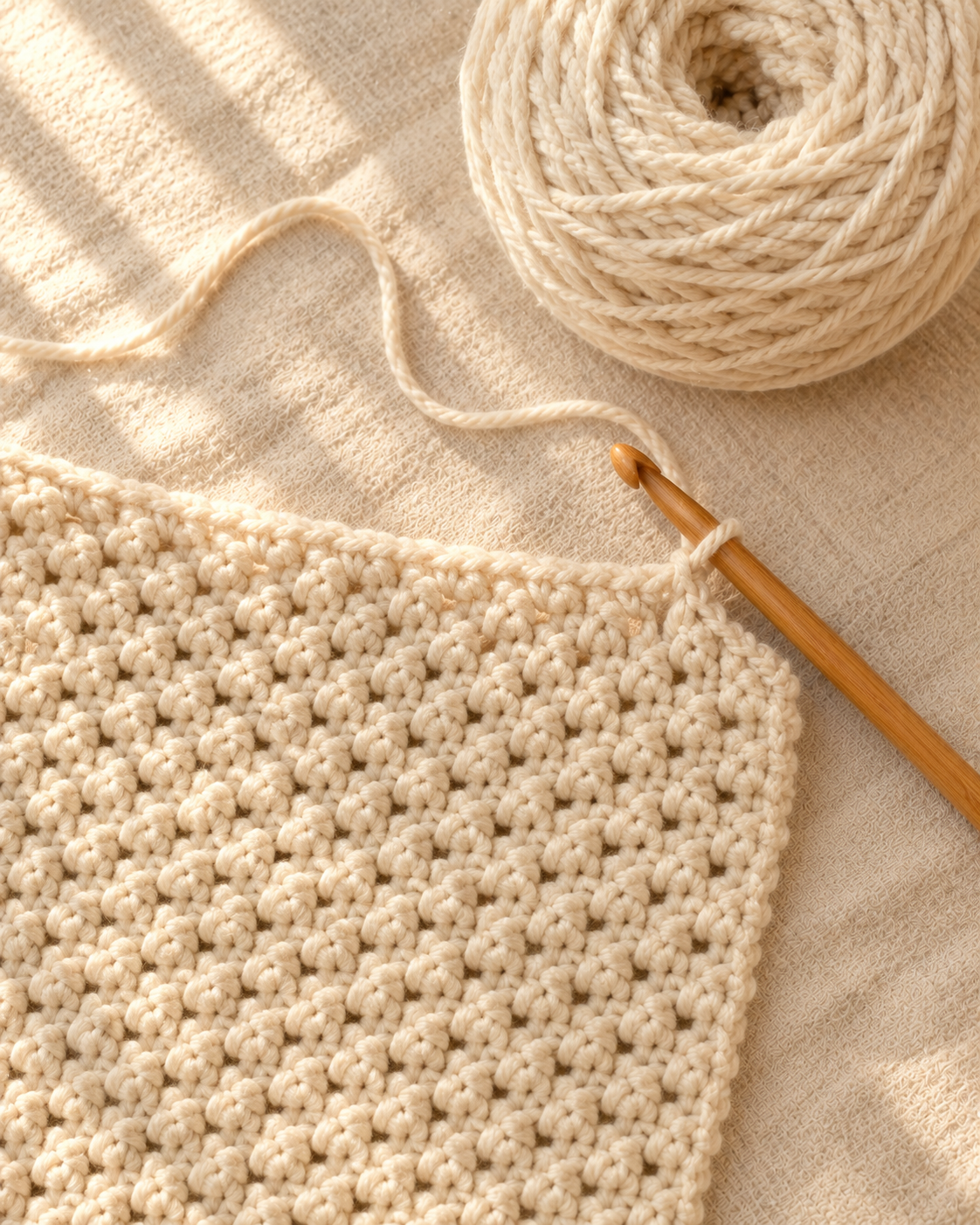 A cream moss stitch crochet panel in progress on a 7 mm hook, showing the bumpy woven texture, resting on a cream linen surface