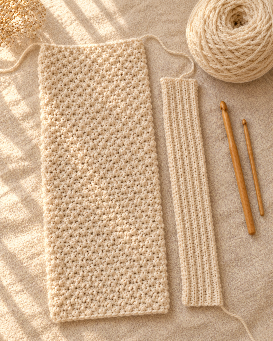 Close-up of a single wide moss stitch sleeve panel with no tapering, next to a separate narrow ribbed cuff piece, both resting on a cream linen surface