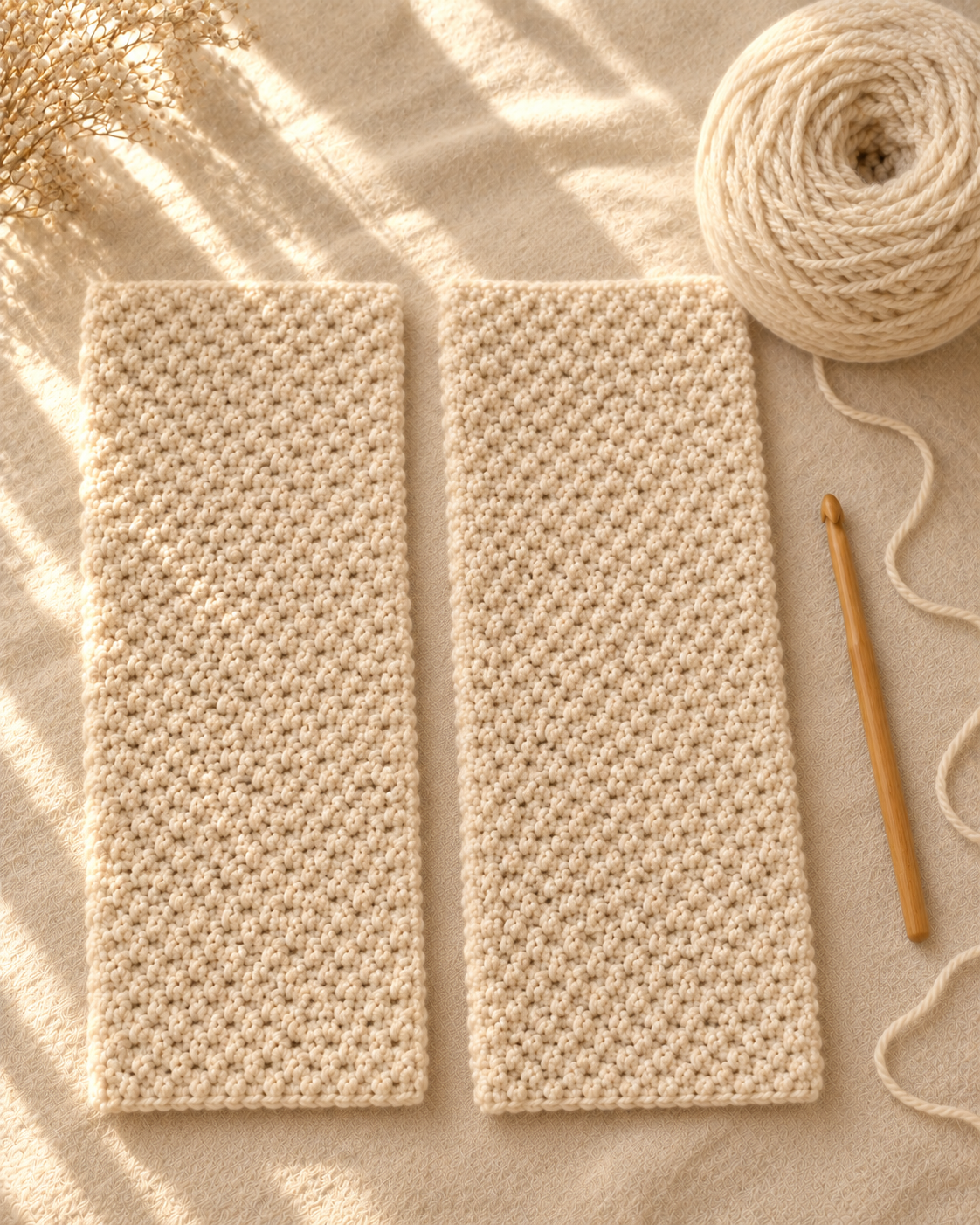 Two finished moss stitch body panels laid flat side by side on a cream linen surface with a wooden crochet hook and a cake of cream bulky yarn