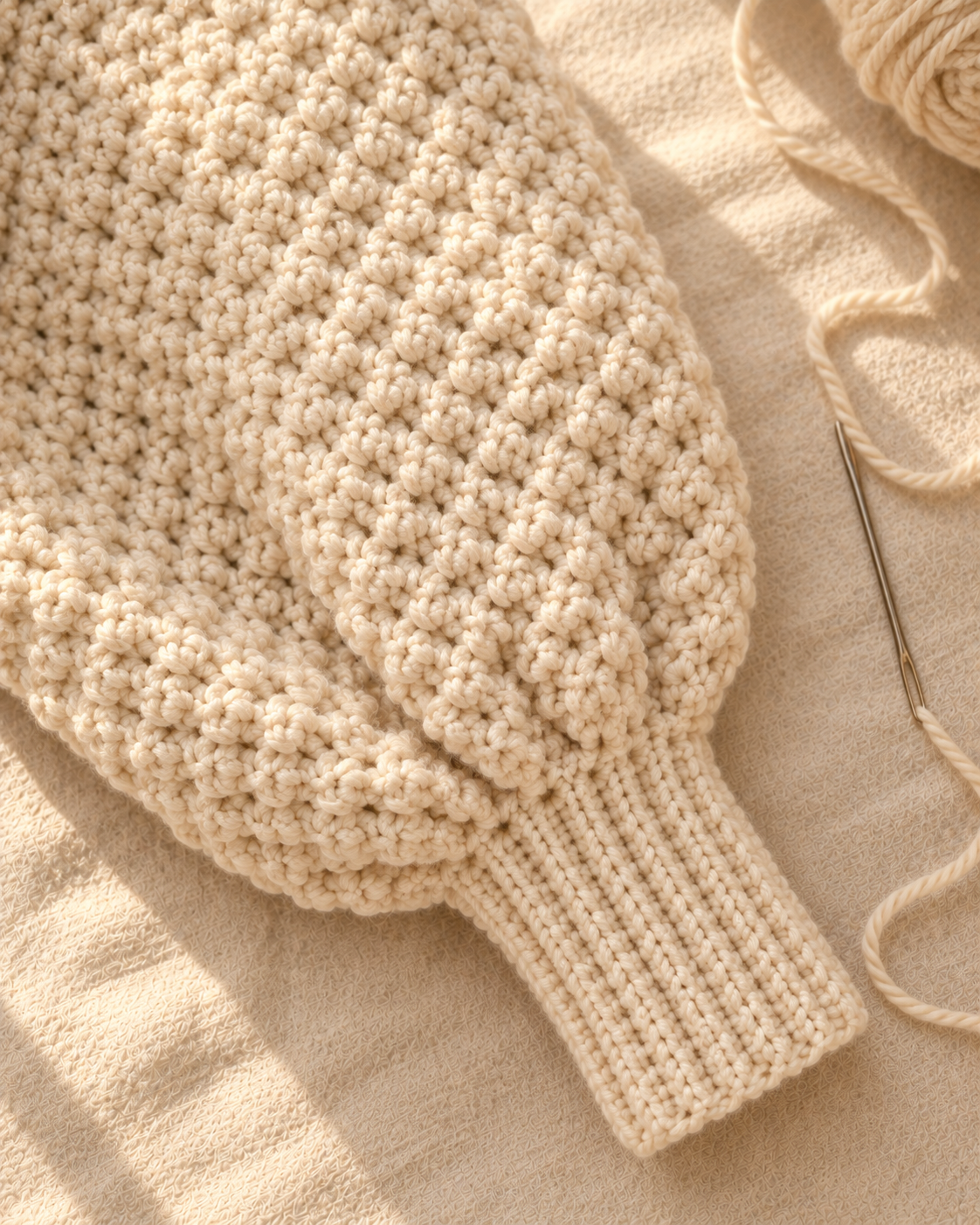 Detail close-up of the finished balloon sleeve where it gathers into the narrow ribbed cuff, showing the small even pleats of fullness against the snug ribbing