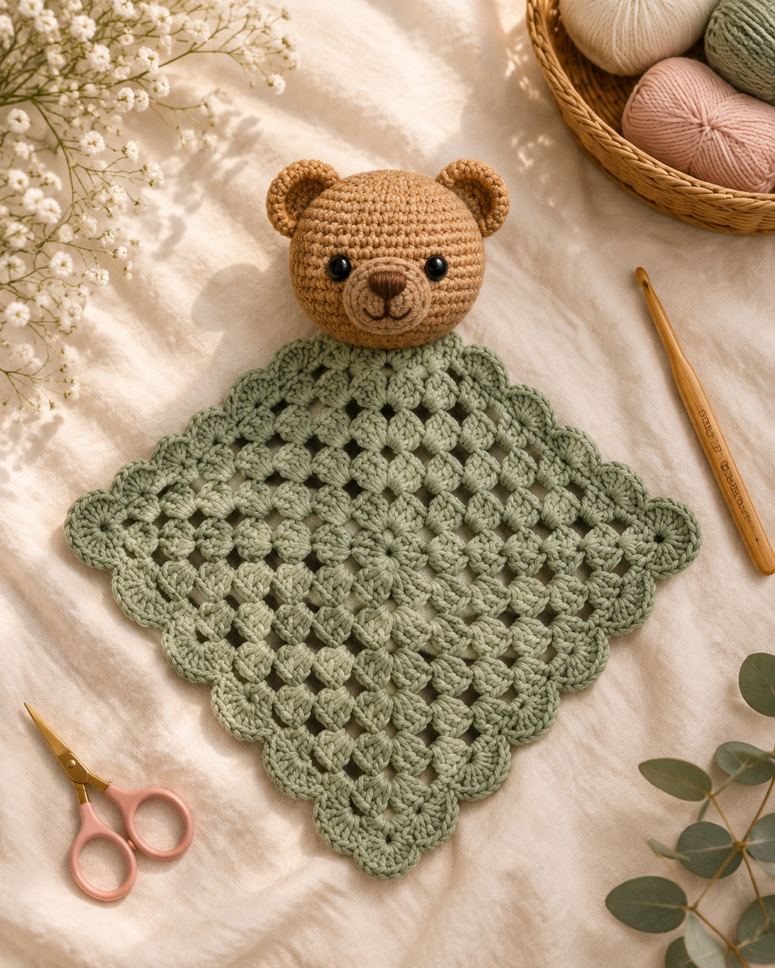 Overhead flat-lay of the finished Barnaby crochet teddy bear lovey — tan amigurumi bear head with round ears sewn to a square sage-green granny-style blanket with scalloped shell border, styled on cream muslin with baby's breath, pink-handled scissors, bamboo hook, eucalyptus and a rattan basket of yarn