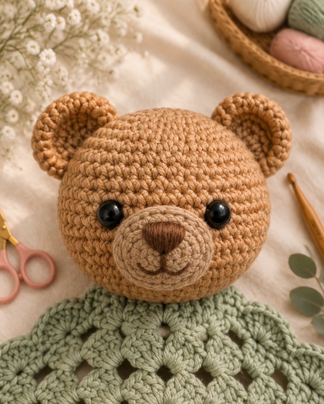 Extreme close-up macro of the finished Barnaby crochet teddy bear head — tan amigurumi head with two rounded ears, dark chocolate-brown embroidered muzzle patch with satin-stitched nose triangle and mouth, two shiny 8 mm black safety eyes with a sweet gentle expression, the top edge of the sage green granny blanket visible below
