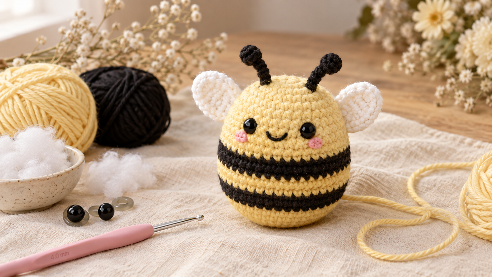 Cute crochet bee plush with pale-yellow body, black stripes, tiny white wings and pink cheek blush, sitting on a cream linen surface with soft yellow yarn