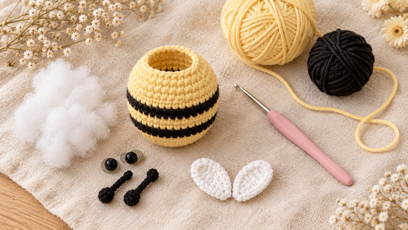 Materials laid out on cream linen: a partially finished yellow-and-black bee body, white polyfill stuffing, a pink ergonomic 4 mm crochet hook, two balls of yarn in pale yellow and black, small black safety eyes and a tiny white crocheted wing pair