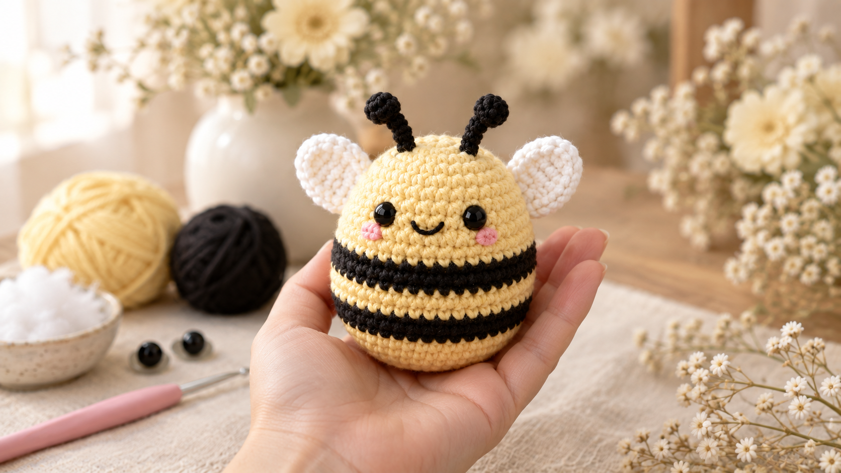 A hand holding the finished plush crochet bee at eye level, pale-yellow body with black stripes, tiny white wings on the back, small antennae on top, cream flower stems softly blurred in the background