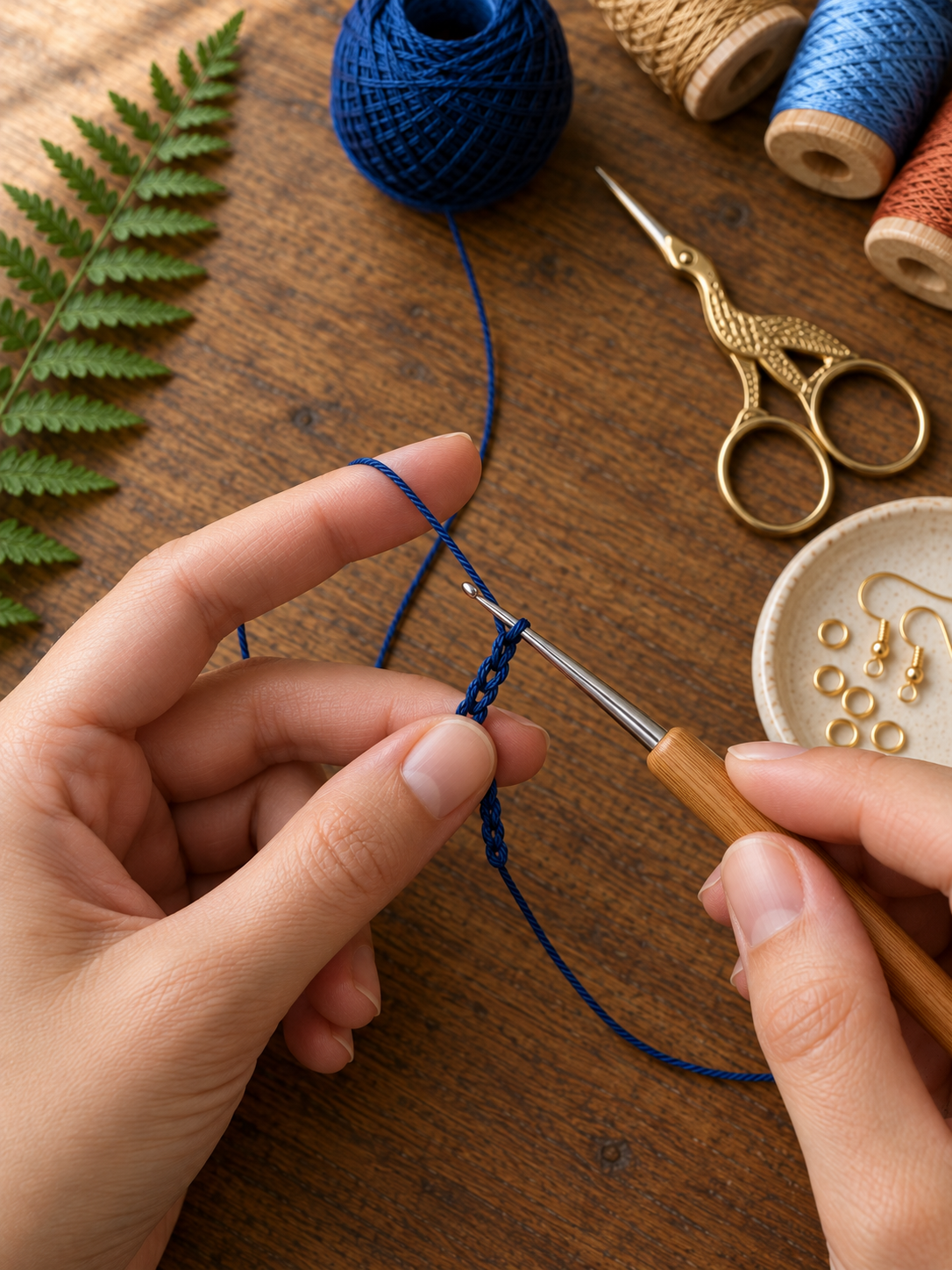Overhead close-up of two hands working the beginning of a 22-chain navy foundation stem on the bamboo-handled 1.5 mm steel crochet hook, the first few chains cascading toward the viewer on dark walnut wood, navy yarn ball tethered at the top of frame, antique brass stork scissors and green fern frond visible in the background, cream speckled ceramic dish with gold jump rings and ear wires in the lower-right