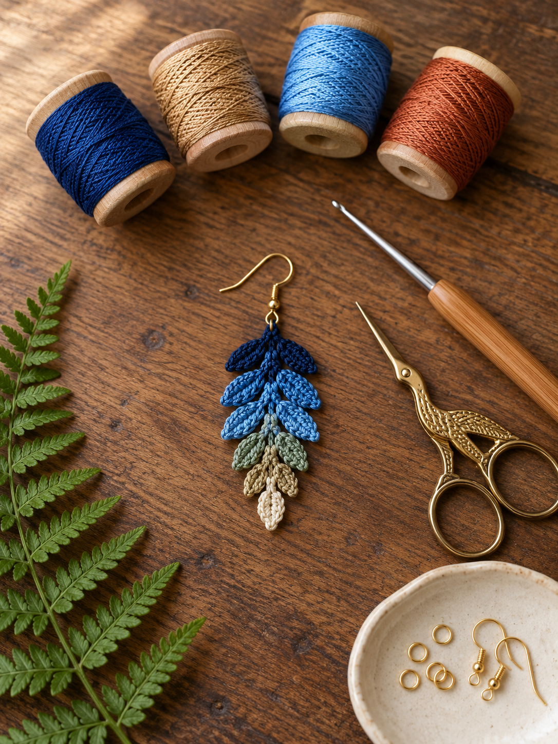 Overhead flat-lay of a single handmade boho fern leaf crochet earring in a descending five-color ombré — deep navy at the top through medium blue, sage green, warm tan, to ivory cream at the tip — resting on dark walnut wood beside four wooden spools of thread (navy, copper-tan, medium blue, terracotta), a bamboo-handled 1.5 mm steel crochet hook, antique brass stork embroidery scissors, and a speckled cream ceramic dish holding gold jump rings and fish-hook ear wires, with a fresh green fern frond in the upper-left corner