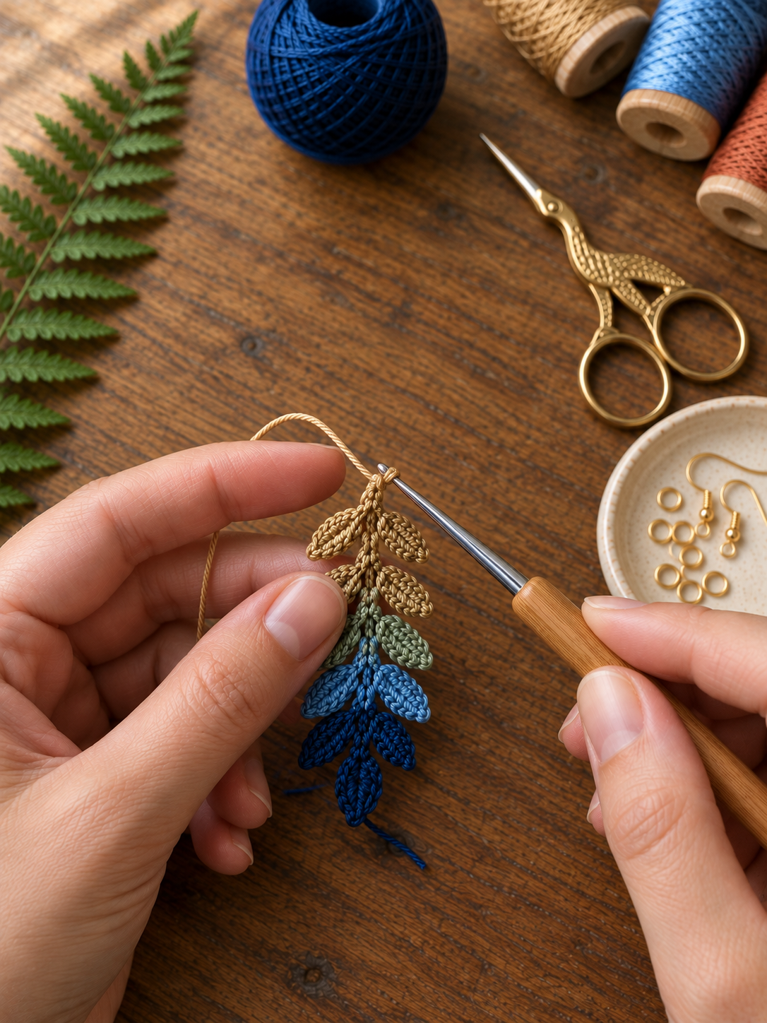 Two hands holding a nearly-finished boho fern leaf earring in mid-air, showing the descending five-color ombré coming together — deep navy at the top, medium blue mid, sage green just below, warm tan being freshly added at the very top with the bamboo-handled 1.5 mm steel hook mid-stitch, dark walnut wood surface, navy yarn ball, antique brass stork scissors, cream speckled ceramic dish and green fern frond visible in soft focus