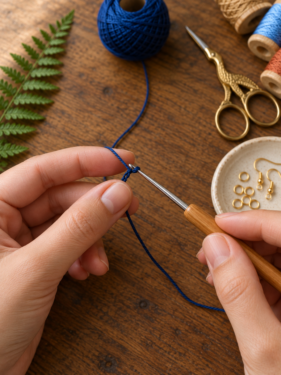 Close-up of two hands making a slip knot in deep navy DMC Cebelia size 10 cotton thread on the bamboo-handled 1.5 mm steel crochet hook, working thread trailing back to a navy yarn ball at the top of frame, dark walnut wood surface, real green fern frond and antique brass stork scissors visible in soft focus, cream speckled ceramic dish with gold findings in the lower-right corner