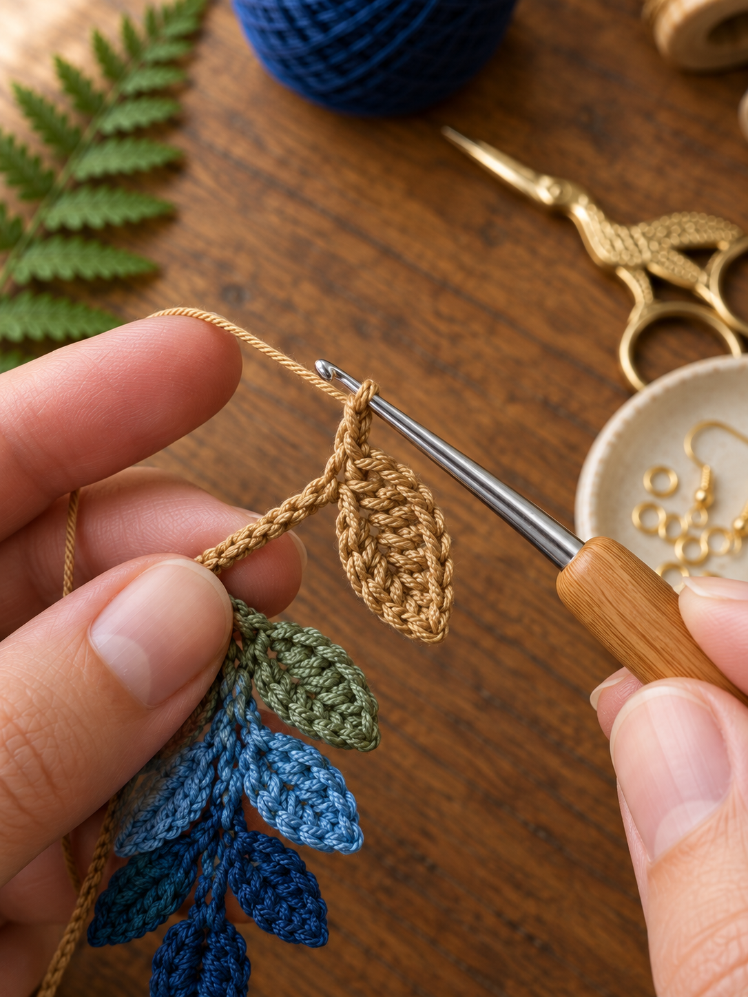 Extreme macro of two hands mid-pattern adding a warm-tan leaf onto a partially-finished boho fern frond — the completed navy, medium-blue and sage-green leaves cascading below, the new tan leaf being crocheted at the top with the bamboo-handled 1.5 mm steel hook mid-stitch, dark walnut wood in the background, navy yarn ball, antique brass stork scissors and speckled cream ceramic dish visible in soft focus