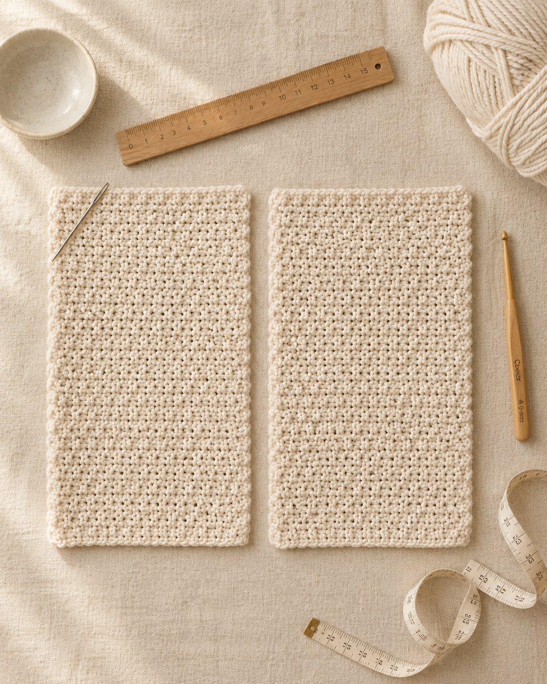 Flat-lay of two ivory crochet rectangles side by side on cream linen, tape measure and tapestry needle nearby