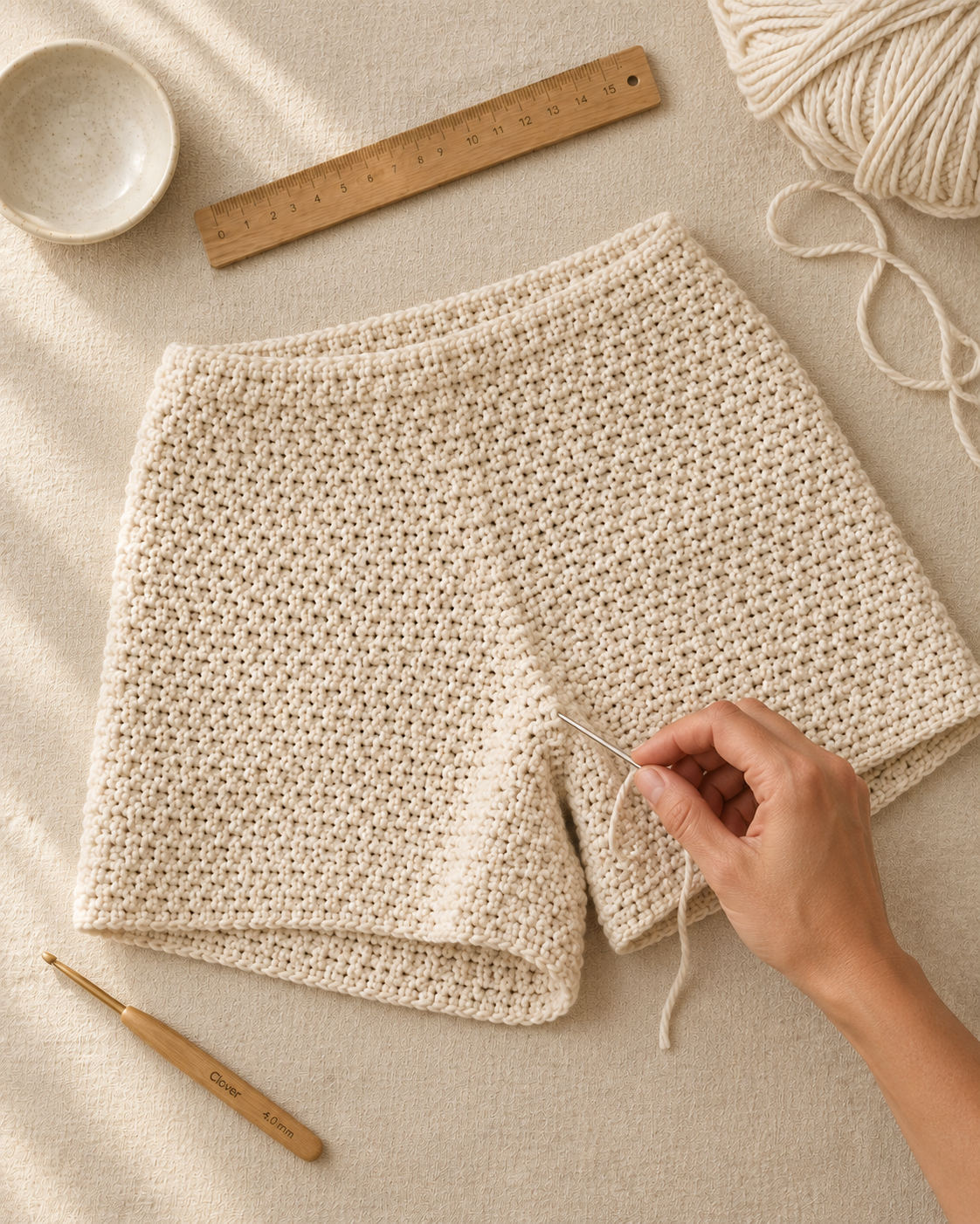Half-assembled crochet shorts on a wooden surface, the crotch seam being whipstitched with a tapestry needle