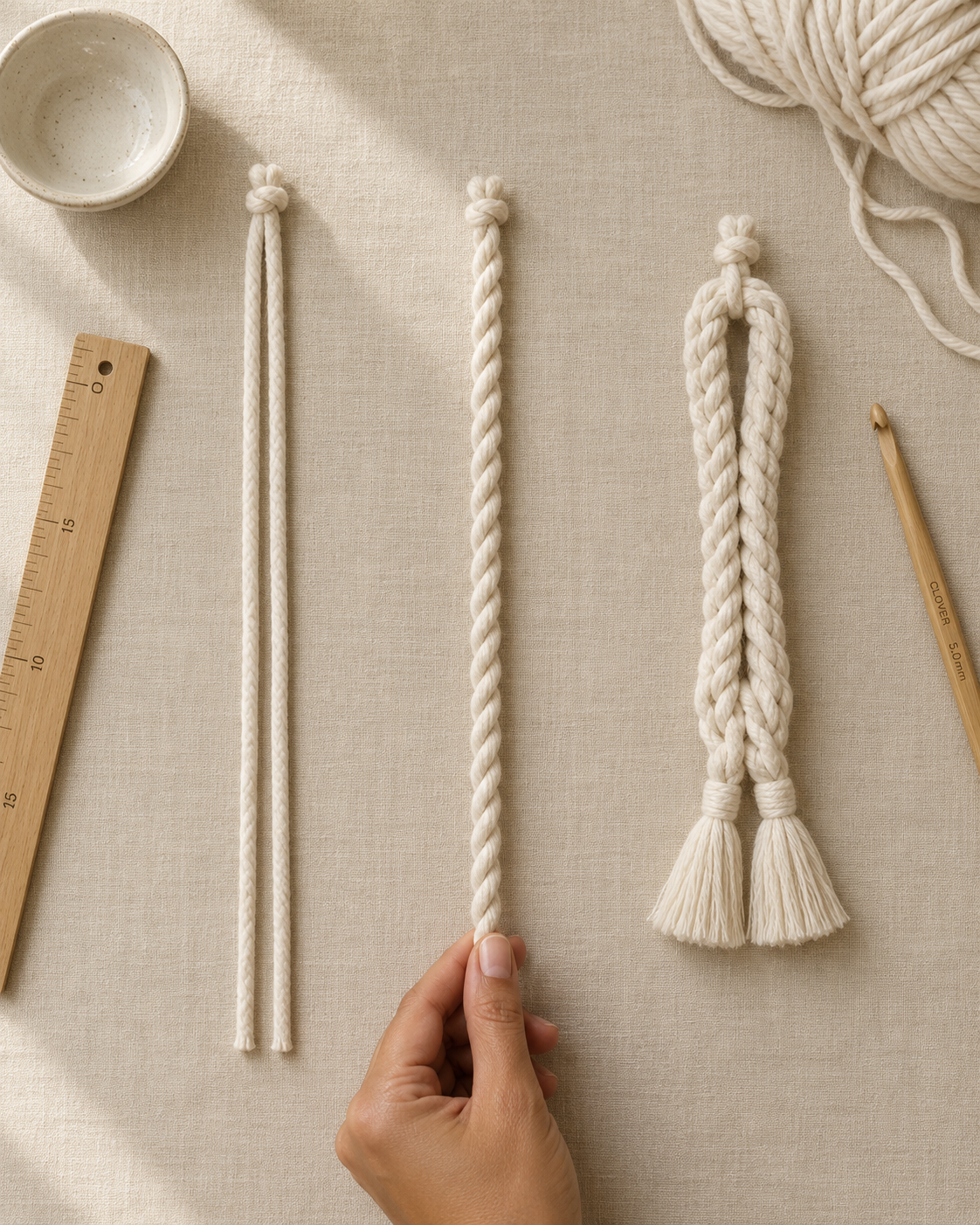 Three stages of the twisted drawstring cord on cream linen — two parallel yarn strands knotted at top on the left, tightly twisted spiral cord in the middle, and the finished folded two-strand cord with tiny tassels on the right, with a wooden ruler and 5 mm Clover hook nearby