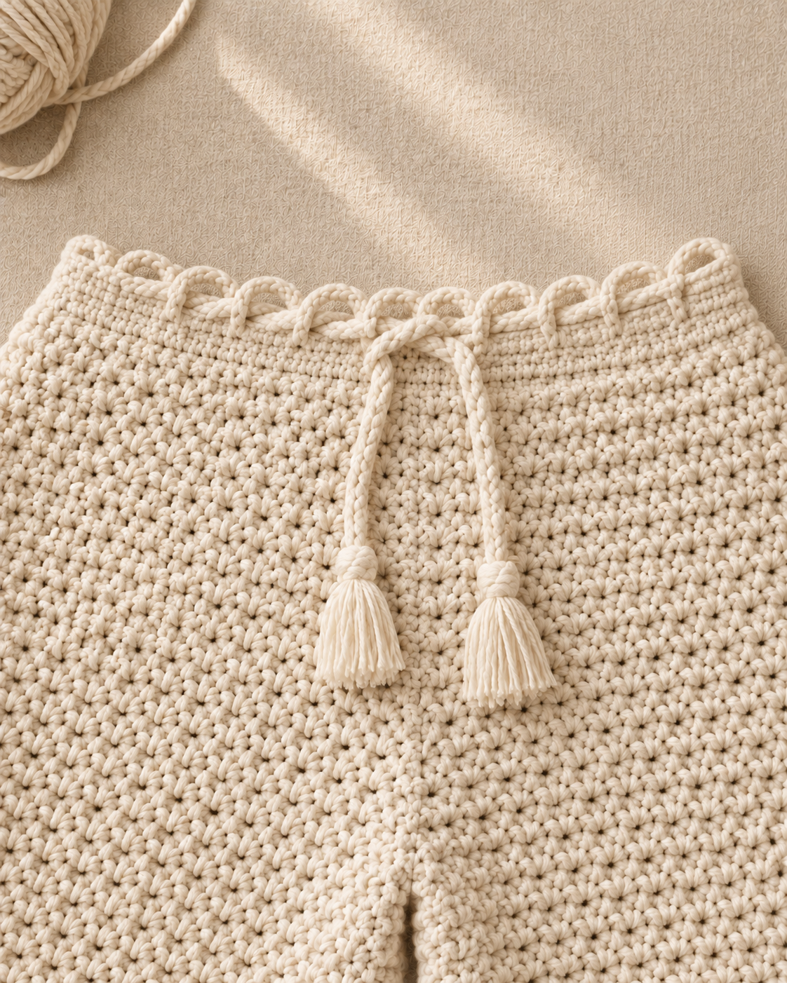 Close-up macro of the finished shorts waistband — chain-4 lacing loops standing up along the top edge with the slim twisted ivory cord threaded through and two small tassels dangling at center-front