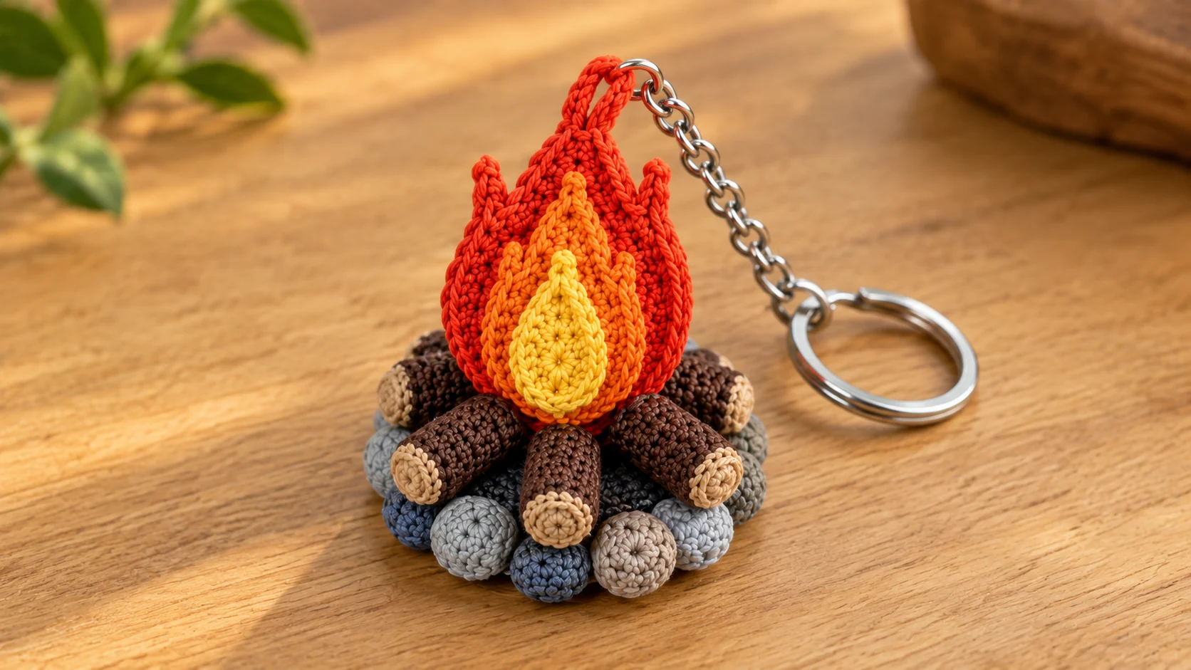 Crochet campfire keychain standing on a sunny wooden table, with layered red-orange, orange and yellow flames, five brown logs with tan cut ends, a ring of grey and blue-grey pebbles, and a silver keyring chain from the flame tip