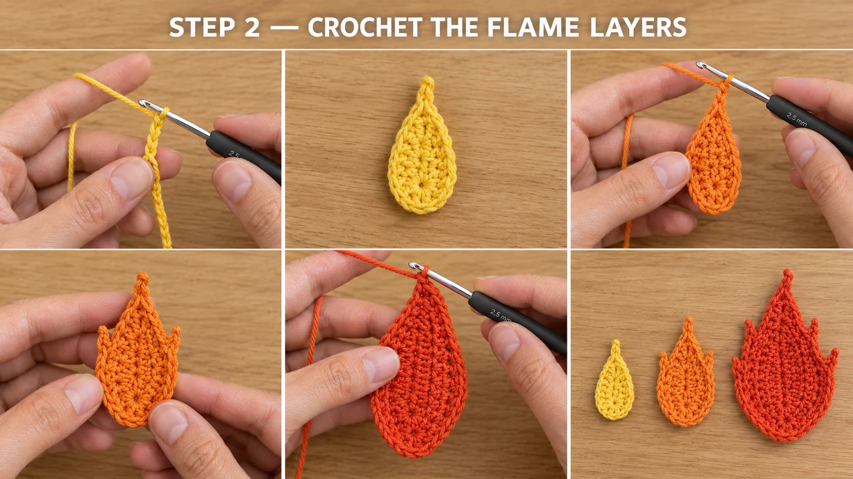 Step 1 of the crochet campfire keychain: a yellow chain on a 2.5 mm hook worked into a teardrop inner flame, an orange middle flame with a flick on each side, a red-orange outer flame, and the three flame sizes laid side by side