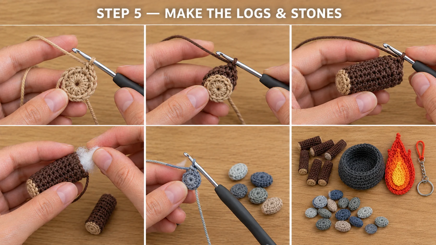 Step 2 of the crochet campfire keychain: a tan magic ring switched to brown and worked into a log, a log being stuffed, a small grey pebble worked on the hook, then the finished logs and pebbles laid out beside the charcoal base, the layered flame and the keyring